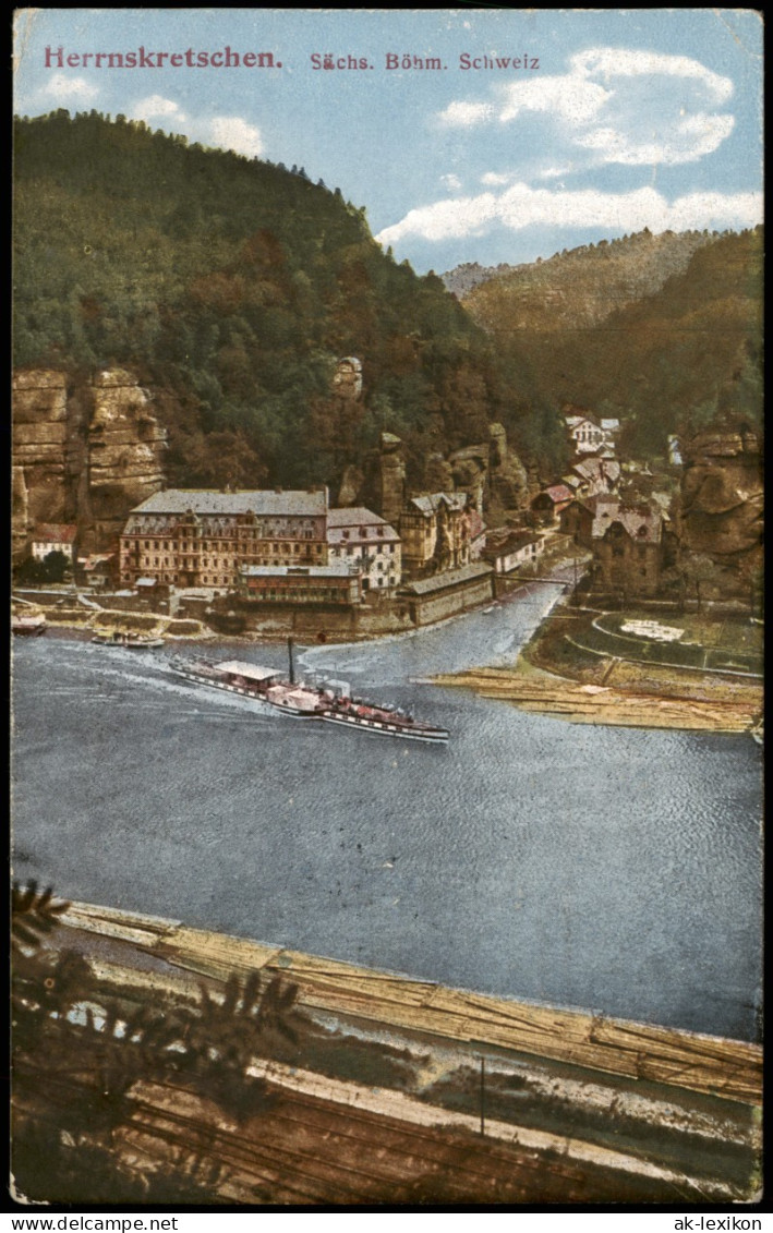 Postcard Herrnskretschen Hřensko Hotel, Holz, Elbdampfer 1914 - Tschechische Republik