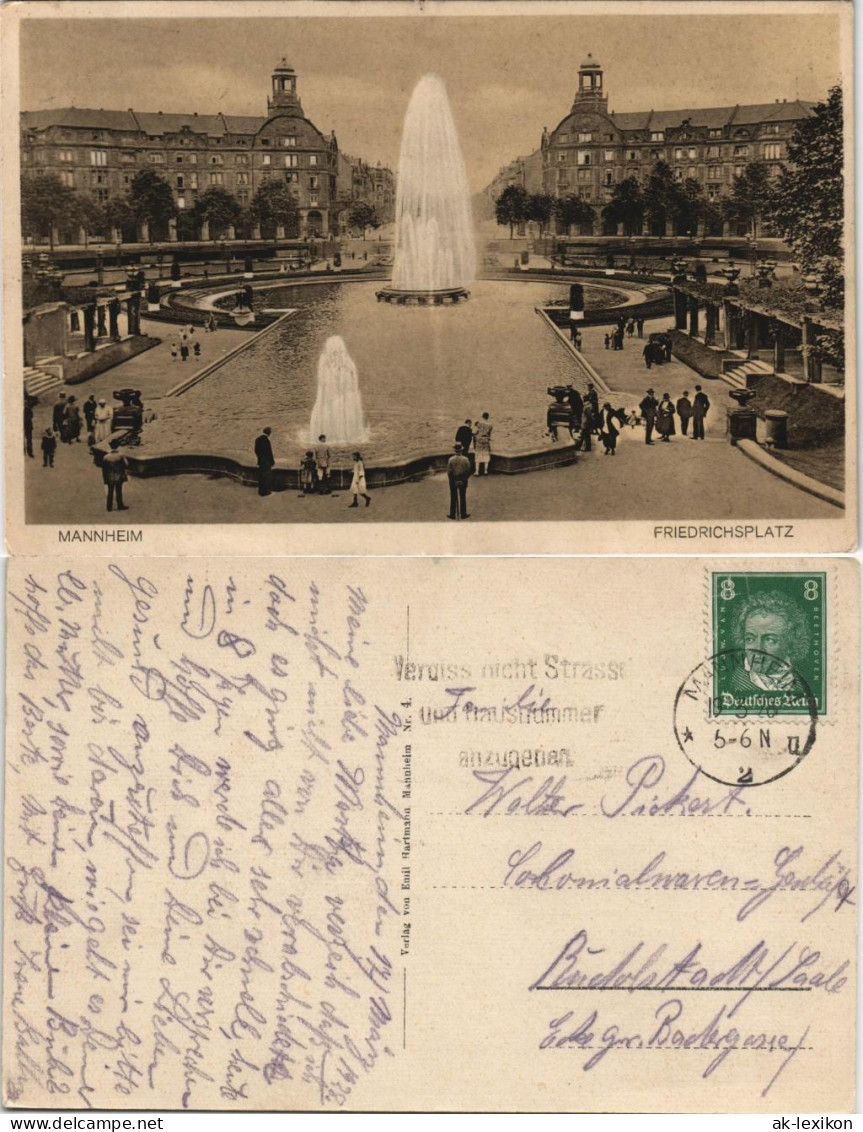Ansichtskarte Mannheim Friedrichsplatz Wasserspiele Springbrunnen 1928 - Mannheim
