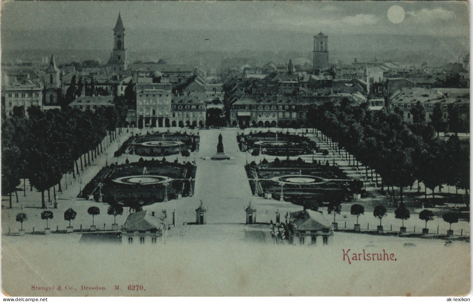 Ansichtskarte Karlsruhe Stadt Panorama-Ansicht Bei Mondschein 1900 Luna - Karlsruhe