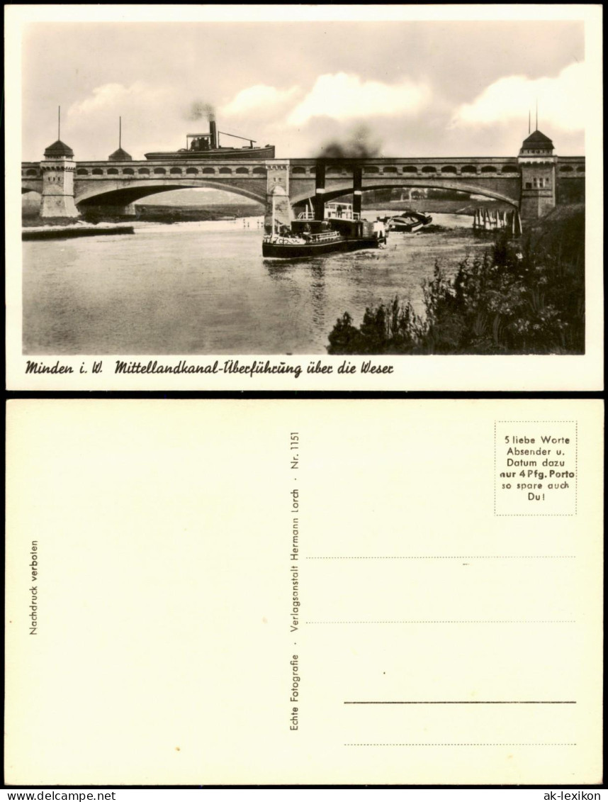 Ansichtskarte Minden Mittelland-Kanal Dampfer - Überführungsbrücke 1952 - Minden