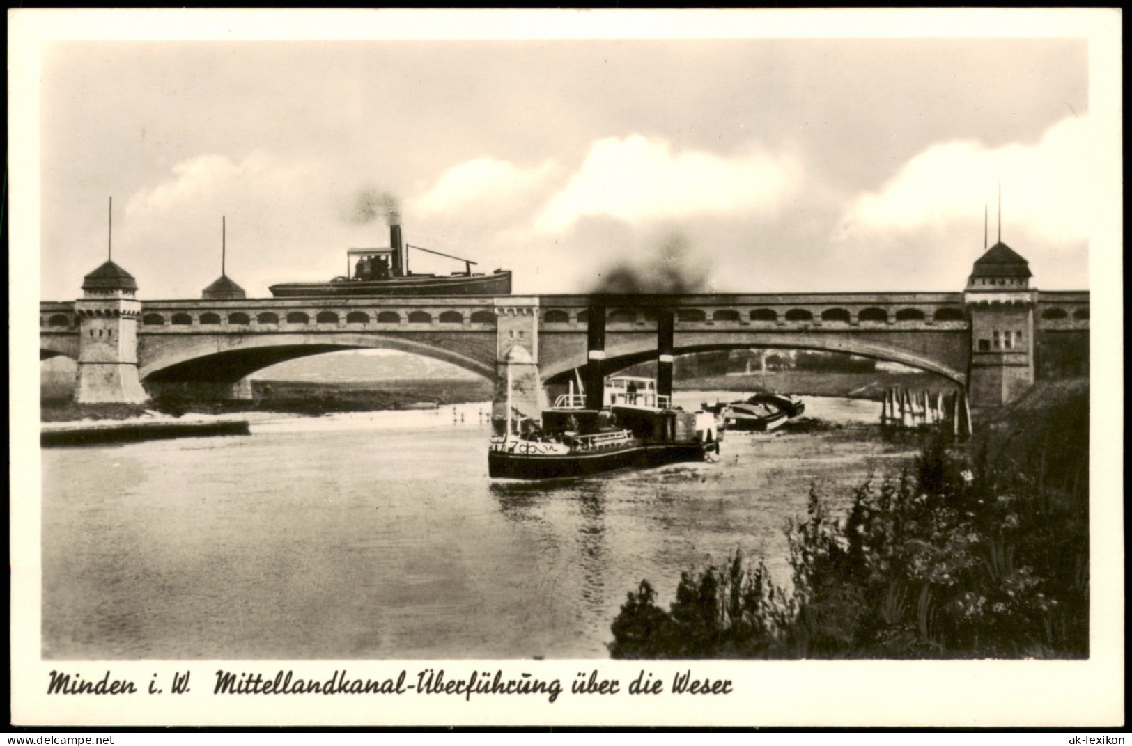 Ansichtskarte Minden Mittelland-Kanal Dampfer - Überführungsbrücke 1952 - Minden