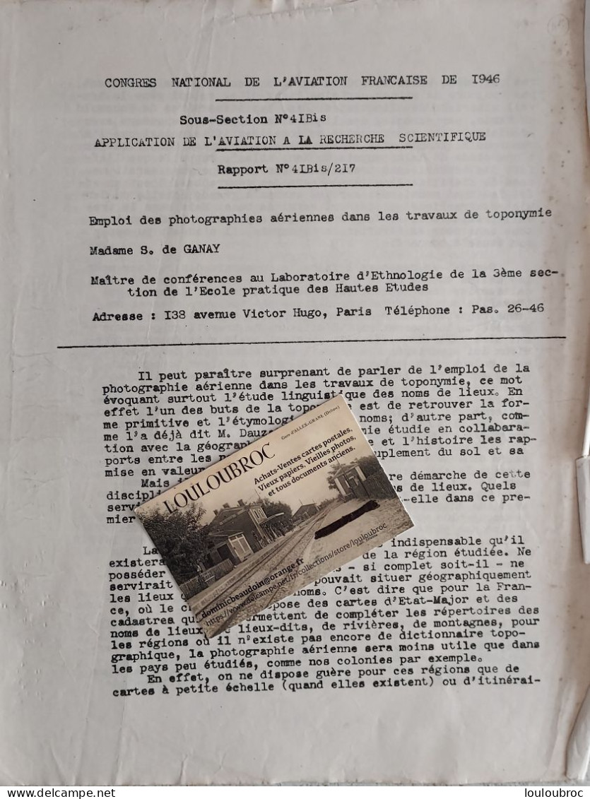 CONGRES NATIONAL AVIATION FRANCAISE 1946 DE 4  PAGES EMPLOI DES PHOTOGRAPHIES AERIENNES - Avión