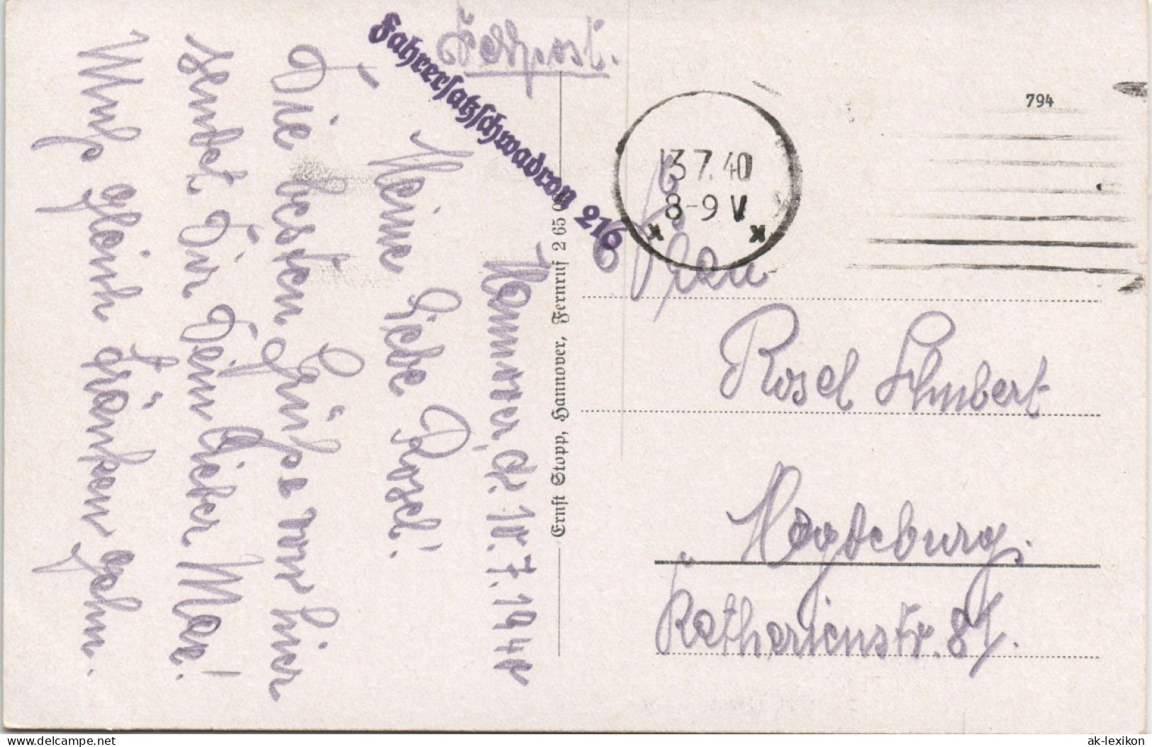 Hannover Kröpcke 1940   2. WK Feldpost Langstempel Fahrerersatzschwadron 216 - Hannover