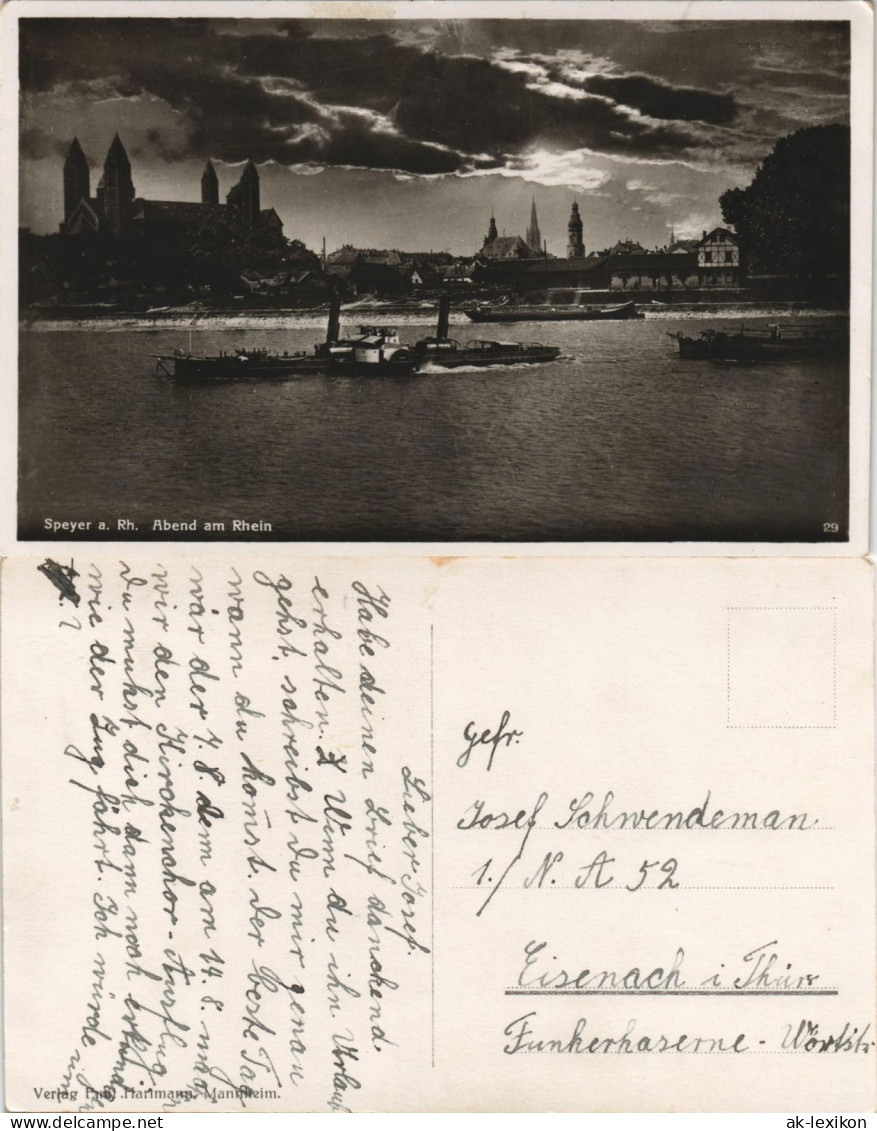 Ansichtskarte Speyer Abend Am Rhein; Panorama Mit Schiff 1925 - Speyer