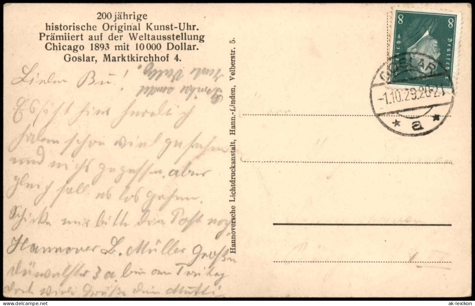 Ansichtskarte Goslar Historische Kunst-Uhr 1929   Gelaufen Mit Stempel GOSLAR - Goslar