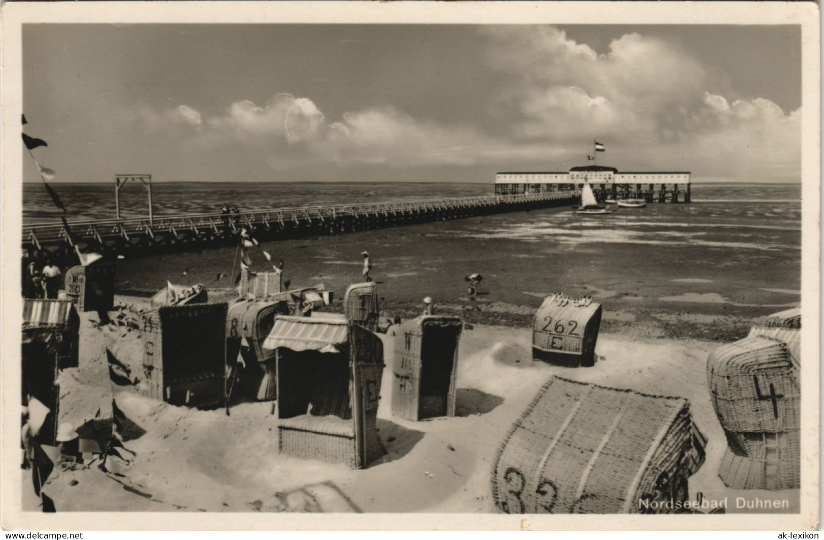Ansichtskarte Duhnen-Cuxhaven Strandkörbe, Seebrücke - Stimmungsbild 1937 - Cuxhaven