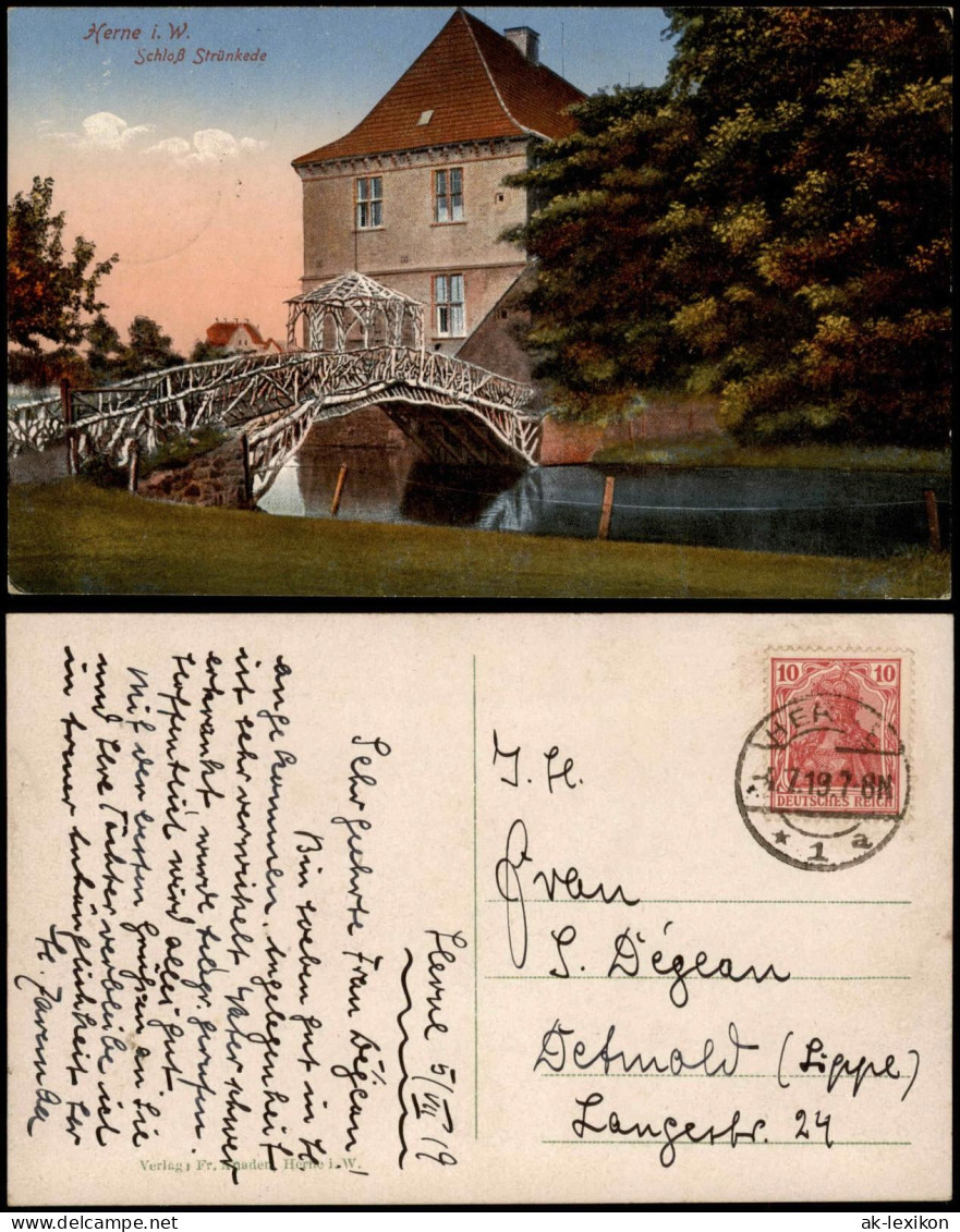 Ansichtskarte Herne Schloß Strünkede Mit Kleiner Holz-Brücke 1919 - Herne
