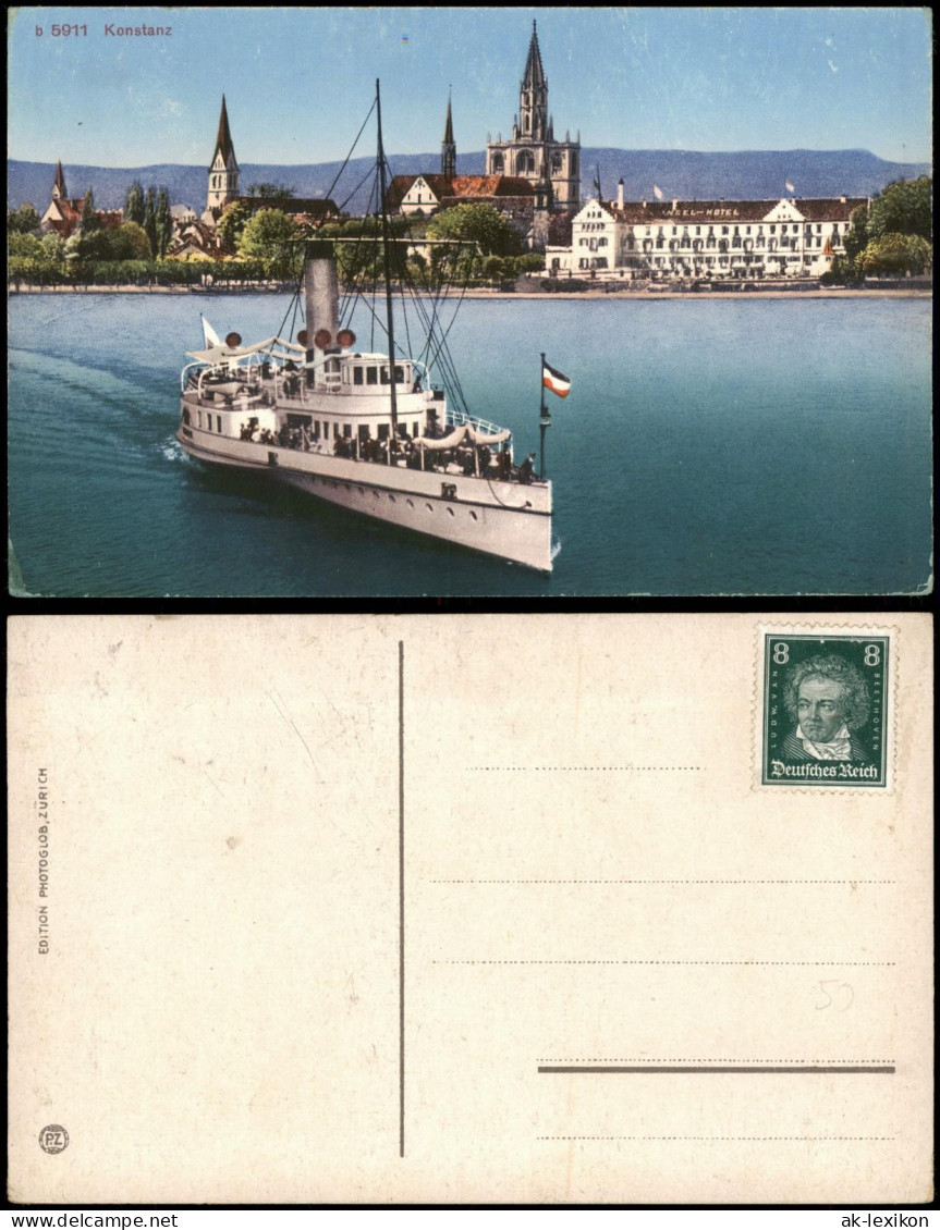 Ansichtskarte Konstanz Panorama-Stadtansicht Mit Bodensee Schiff Dampfer 1910 - Konstanz