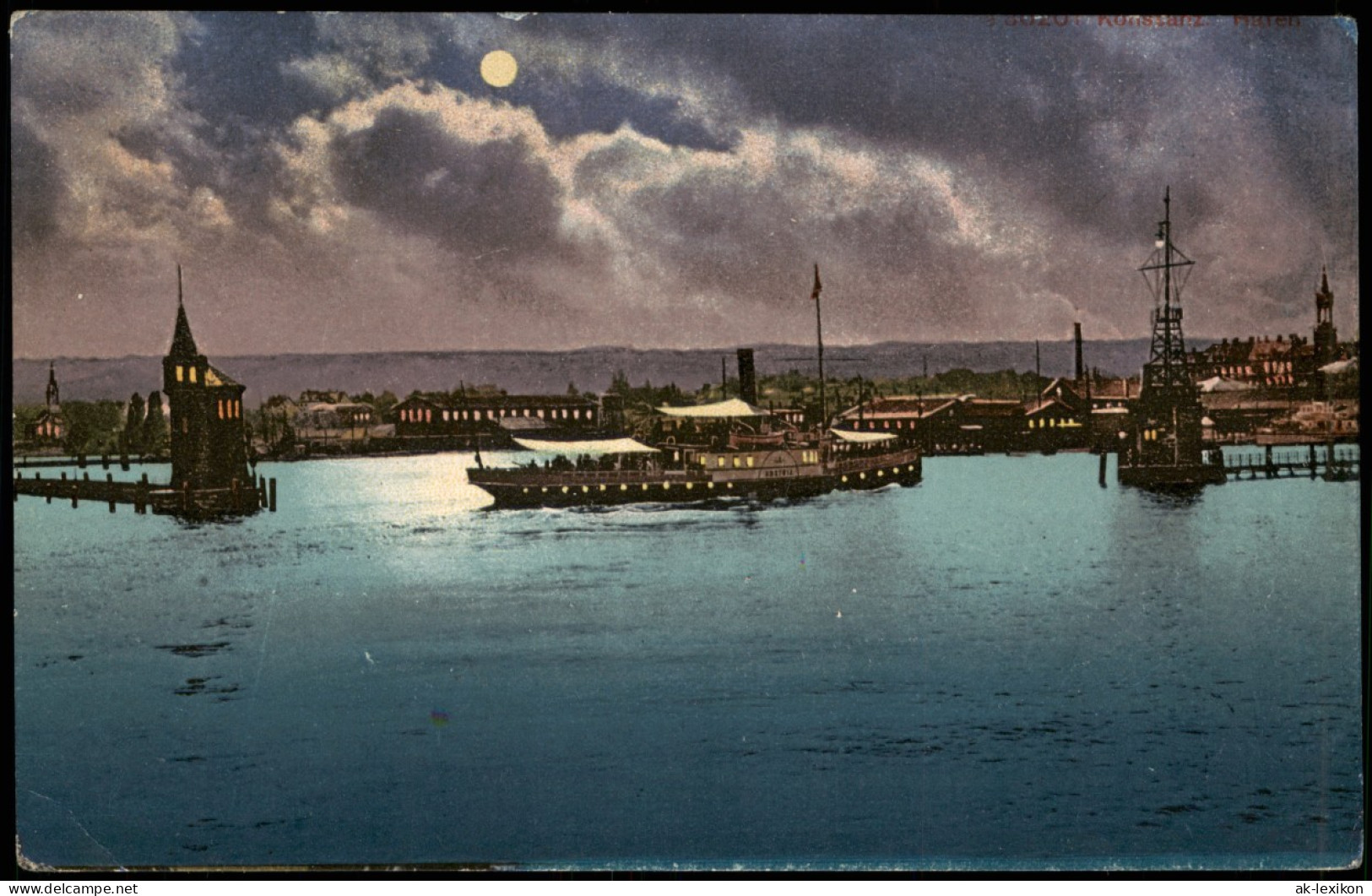 Ansichtskarte Konstanz Hafen Bodensee Schiff Bei Mondschein 1910 - Konstanz