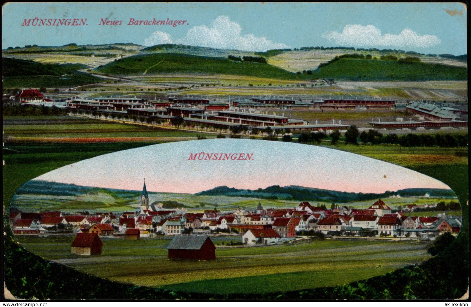 Ansichtskarte Münsingen Württemberg 2 Bild: Stadt Barackenlager 1917  Feldpost - Münsingen