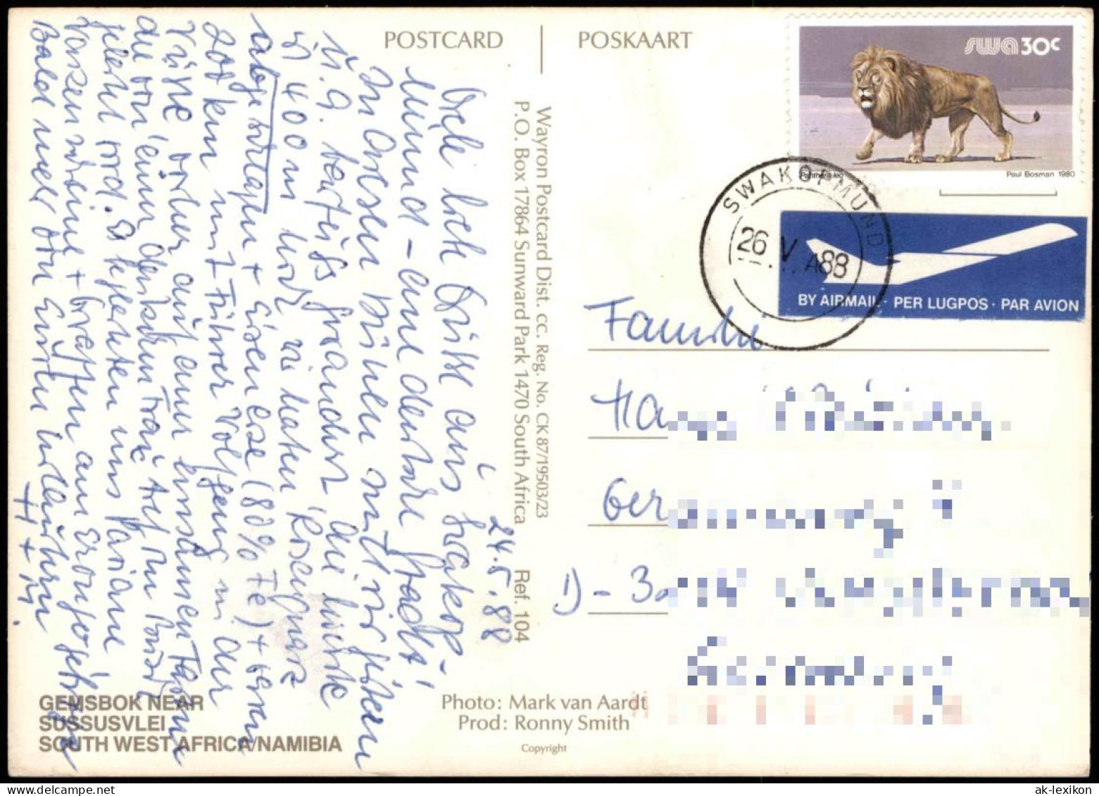 Postcard .Namibia Sussusvlei Gemsbok 1988 - Namibia