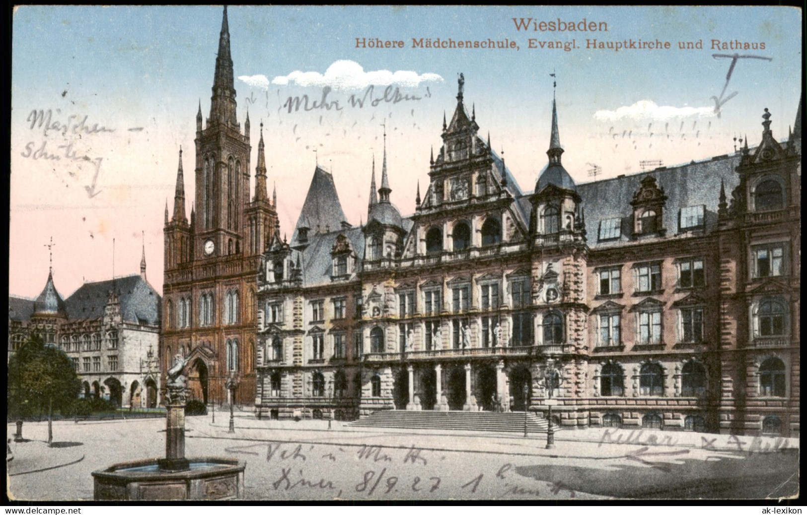Wiesbaden Höhere Mädchenschule, Evangl. Hauptkirche Und Rathaus 1927 - Wiesbaden