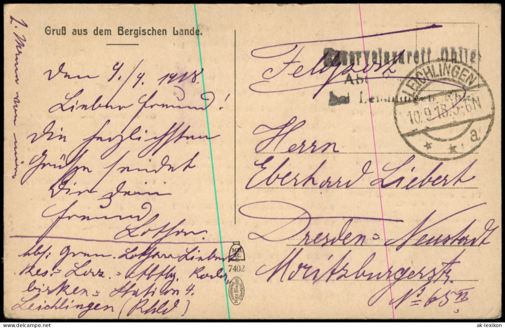 Elberfeld-Wuppertal Text Gruss Aus Dem Bergischen Lande 1918   1. Feldpost - Wuppertal