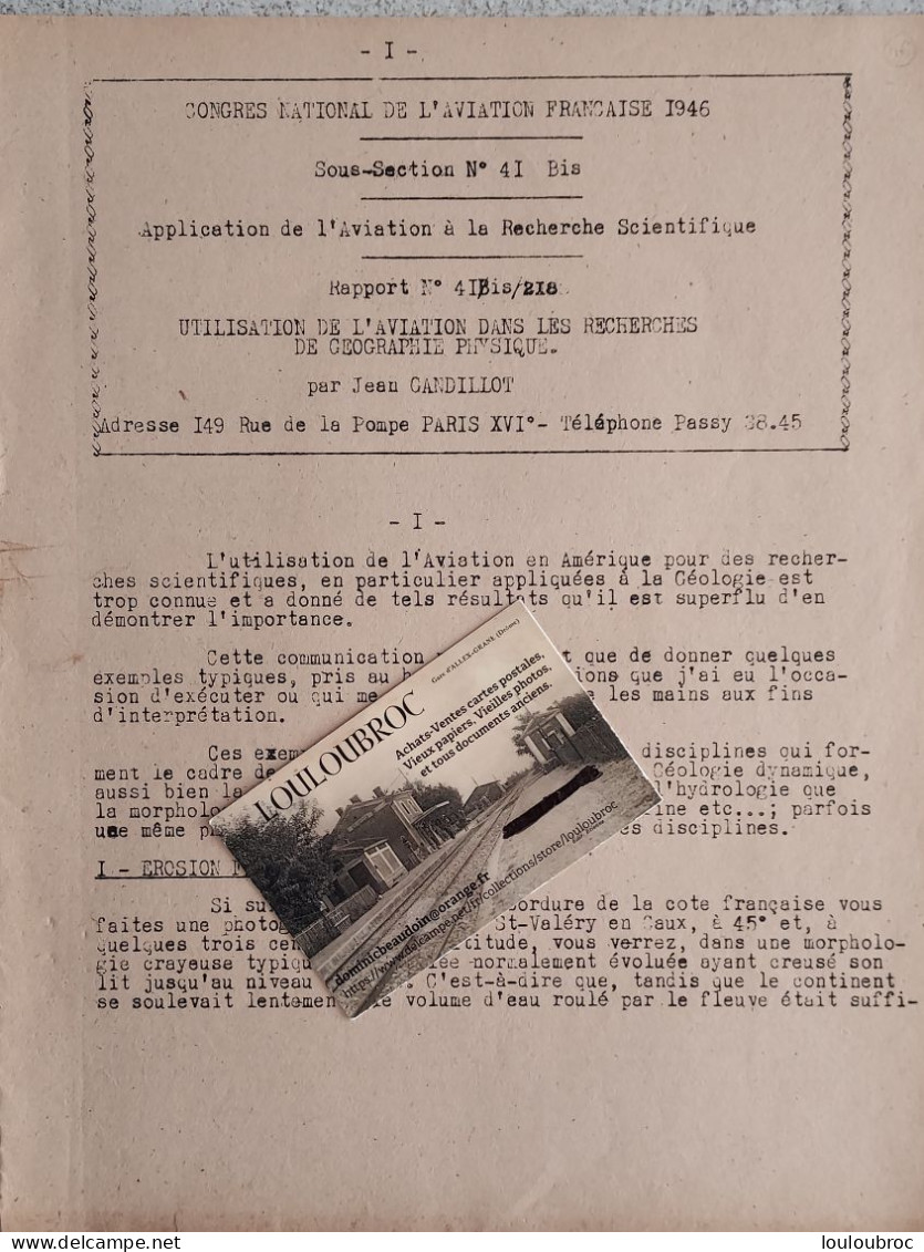 CONGRES NATIONAL AVIATION FRANCAISE 1946 DE 7 PAGES UTILISATION DE L'AVIATION DANS LES RECHERCHES - Avion