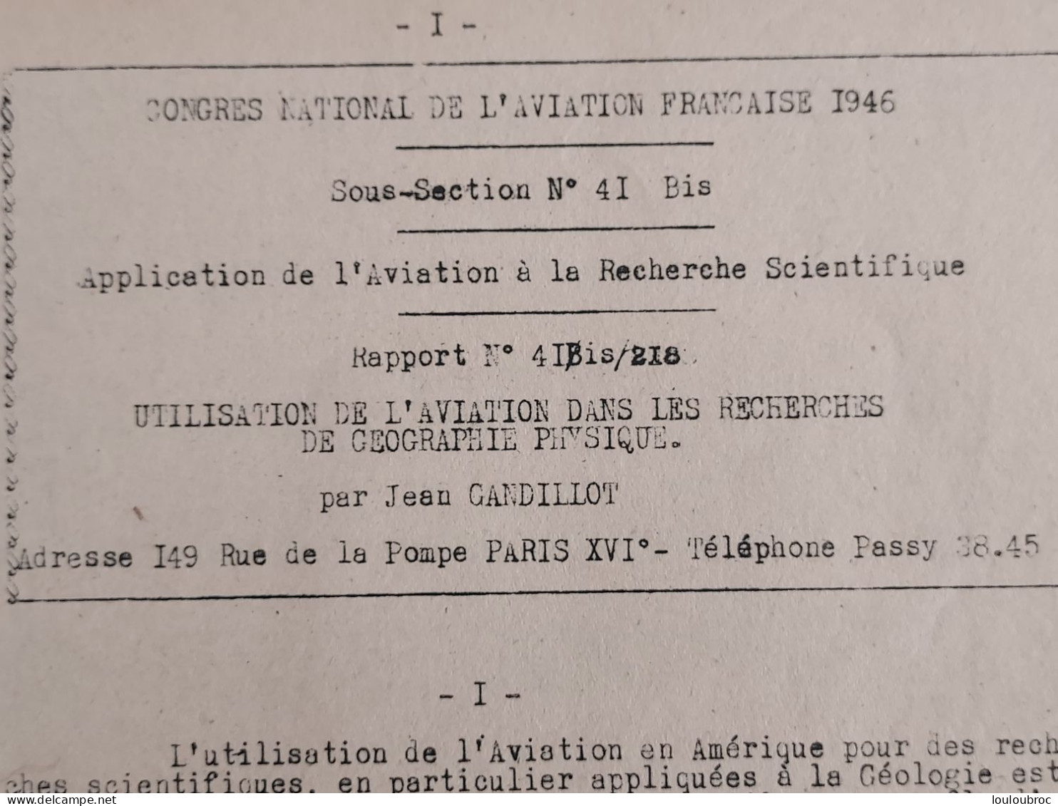 CONGRES NATIONAL AVIATION FRANCAISE 1946 DE 7 PAGES UTILISATION DE L'AVIATION DANS LES RECHERCHES - Avion