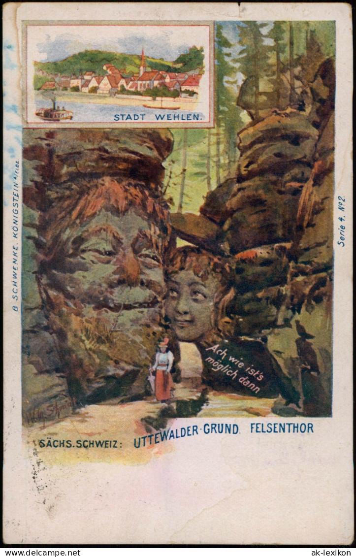 Ansichtskarte Wehlen 2 Bild Litho Stadt Und Felsen-Gesichter 1911 - Wehlen
