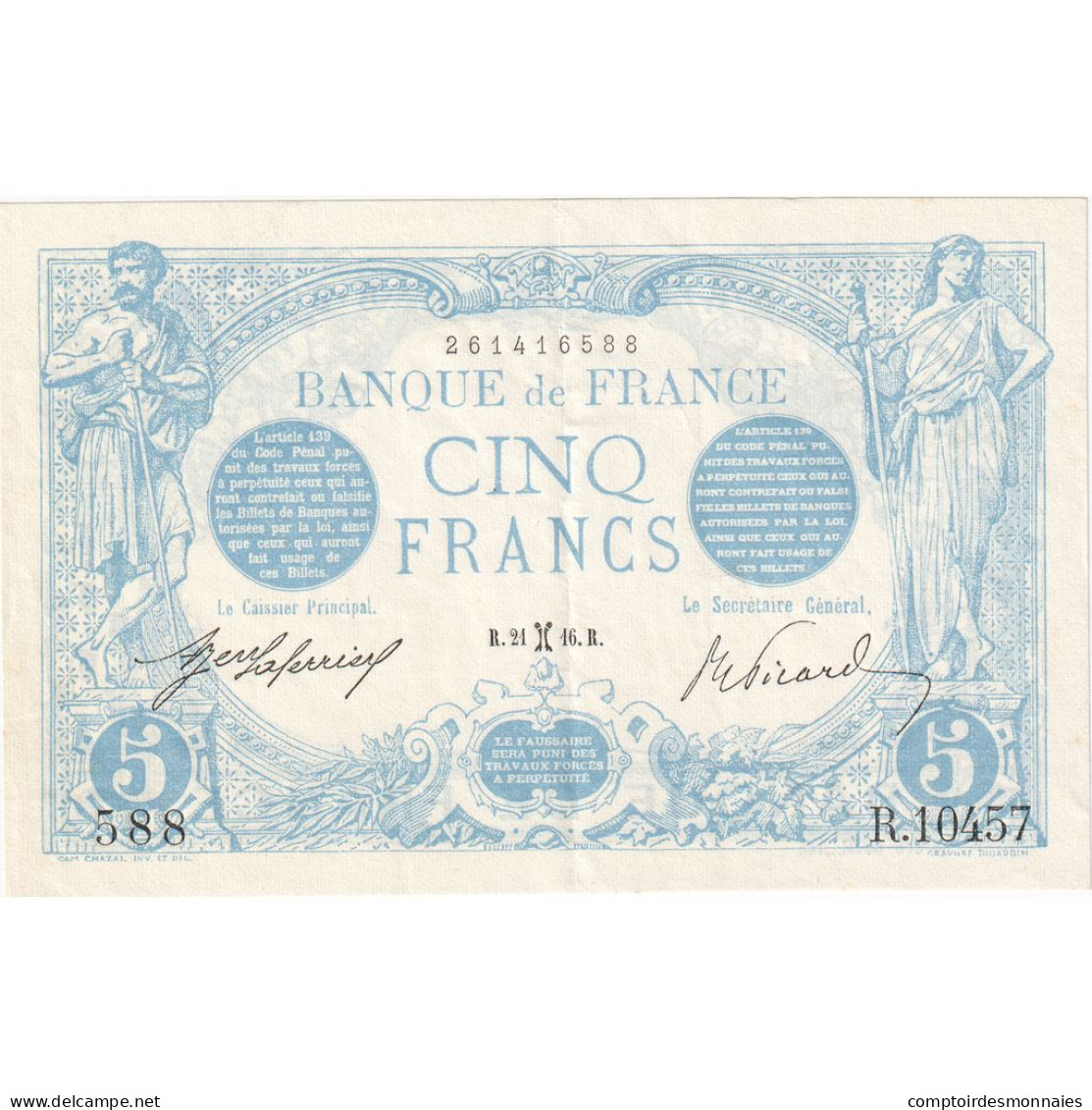 France, 5 Francs, Bleu, 1916-02-21, R.10457, SPL - 5 F 1912-1917 ''Bleu''