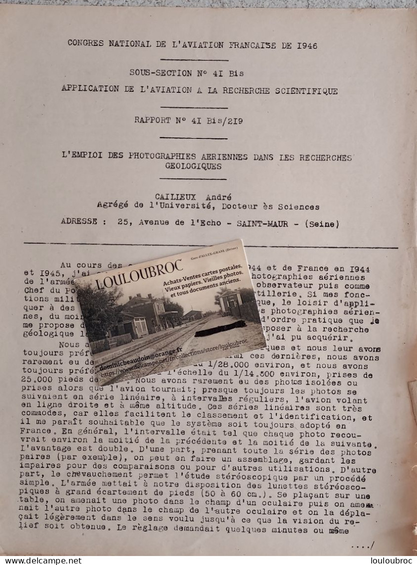 CONGRES NATIONAL AVIATION FRANCAISE 1946 DE 4 PAGES EMPLOI DES PHOTOS AERIENNES  RECHERCHES GEOLOGIQUES - Vliegtuig