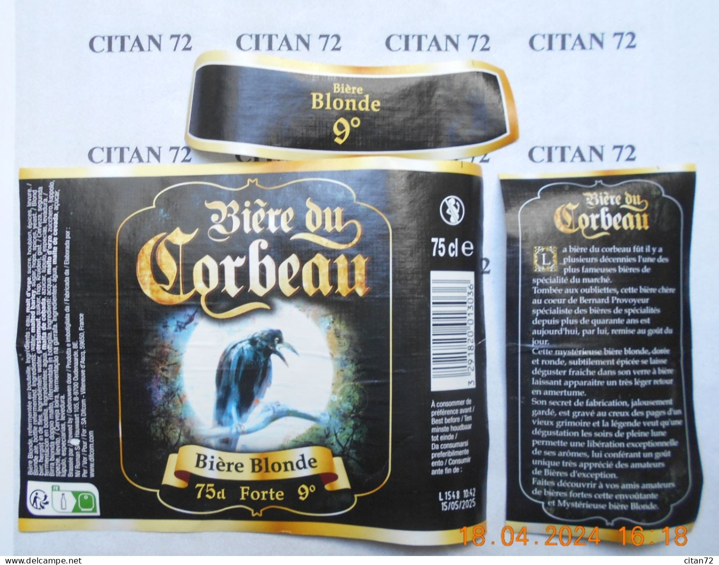 1  ETIQUETTE  De   BIERE    BRASSERIE    BIERE  DU  CORBEAU   BELGIQUE   75 CL - Bier