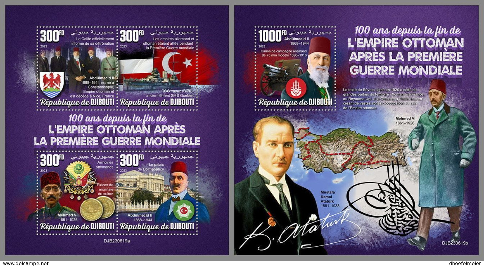 DJIBOUTI 2023 MNH 100 Years End Of Ottoman Empire M/S+S/S – IMPERFORATED – DHQ2416 - Altri & Non Classificati