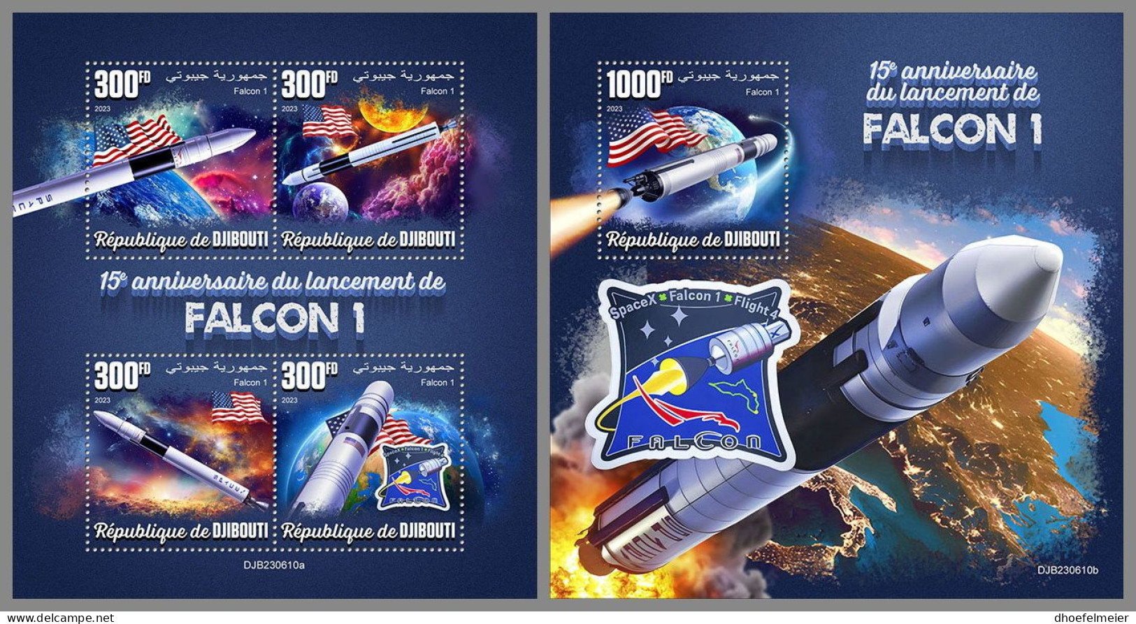 DJIBOUTI 2023 MNH Falcon 1 Space Raumfahrt M/S+S/S – IMPERFORATED – DHQ2416 - Africa