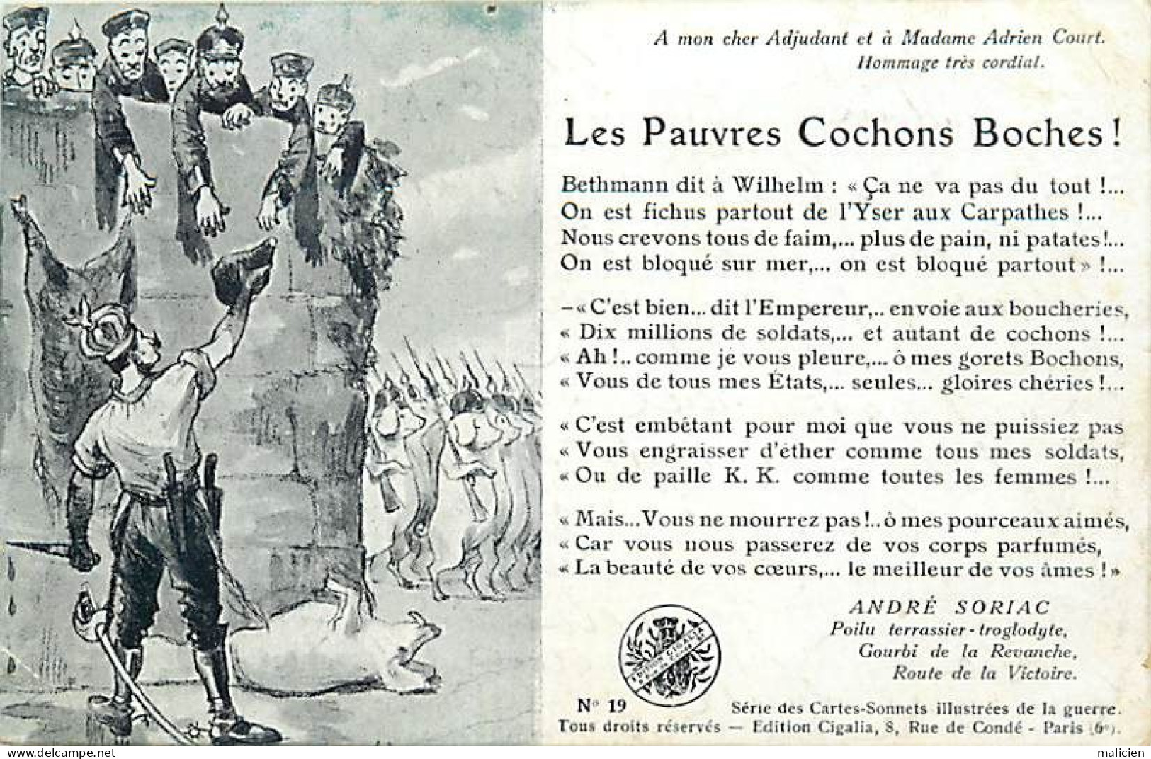 - Guerre 1914-18 -ref-N451-cartes Sonnets N° 19-les Pauvres Cochons Boches - André Soriac -poilu -gourbi De La Revanche - Weltkrieg 1914-18