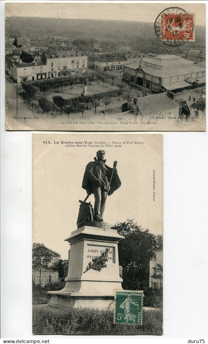 LOT 2 CPA Voyagé * LA ROCHE SUR YON Vue Générale Place Travot Le Marché & Statue De Paul Baudry - La Roche Sur Yon