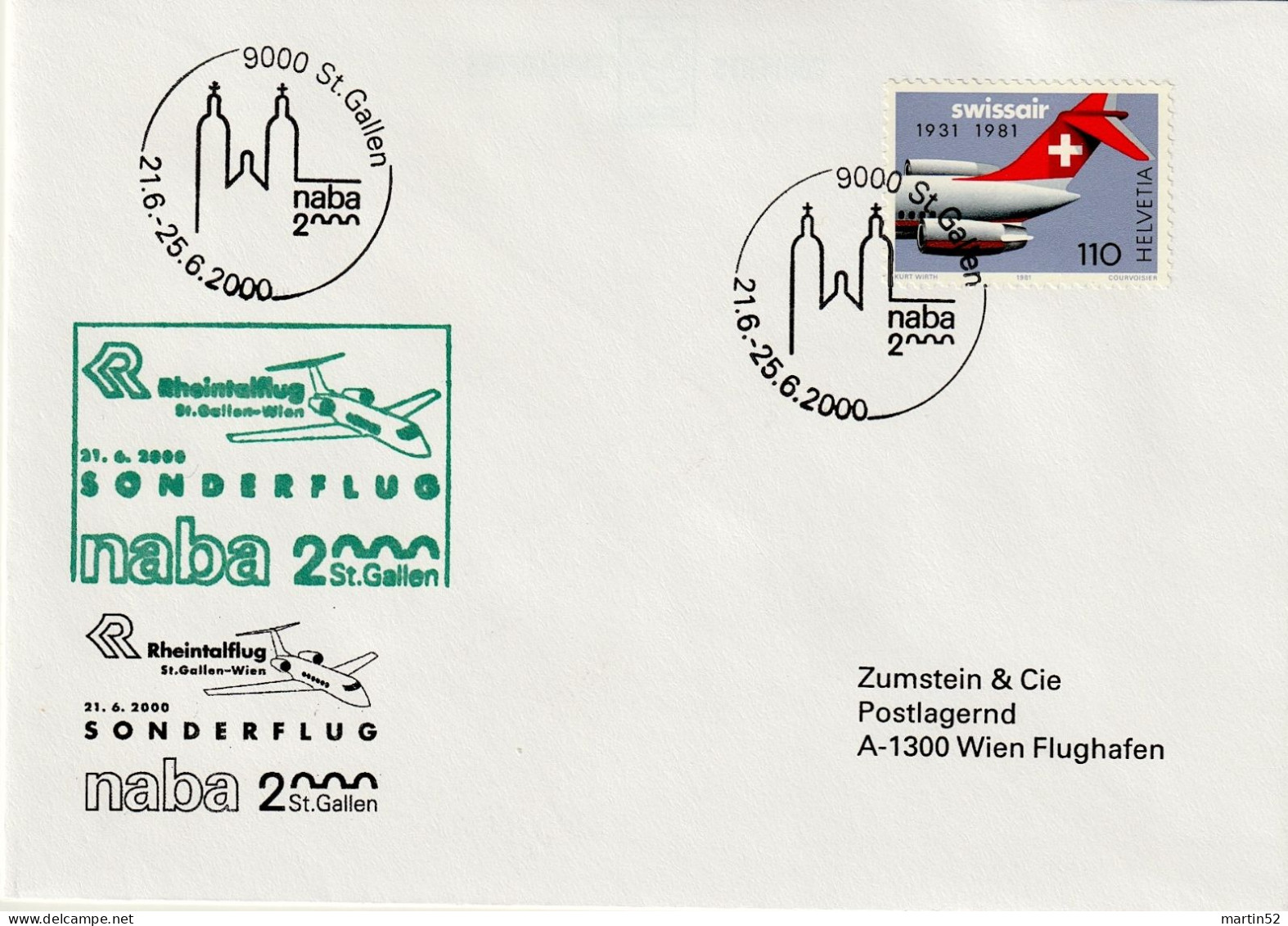 Schweiz Suisse 2000: SONDERFLUG Rheintalflug Nach Wien Zu 653 Mi 1195 Yv 1125 Mit ⊙ NABA St.Gallen 21.6.2000 - Erst- U. Sonderflugbriefe