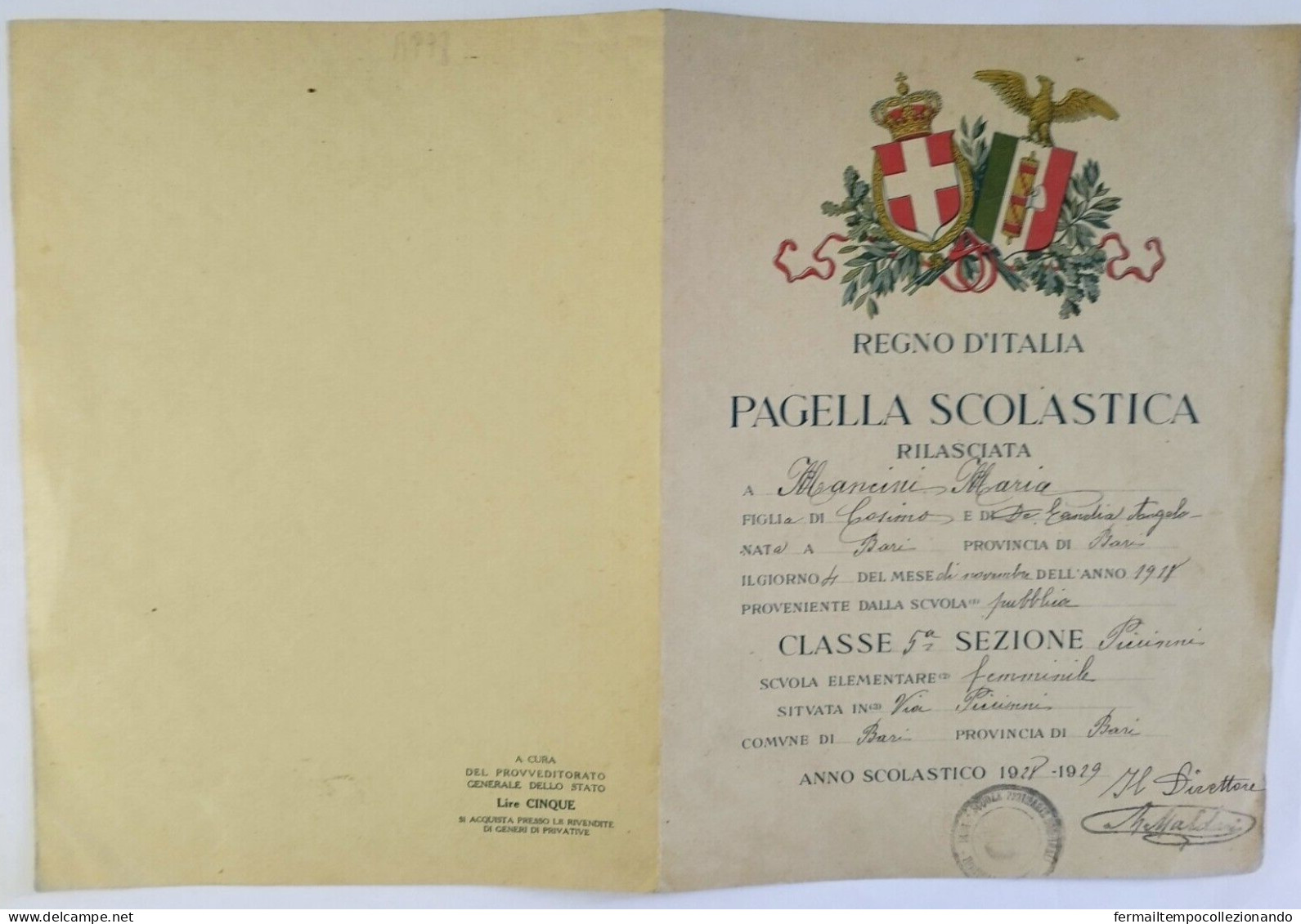 Bp78 Pagella Fascista Opera Balilla Regno D'italia Bari 1929 - Diploma's En Schoolrapporten