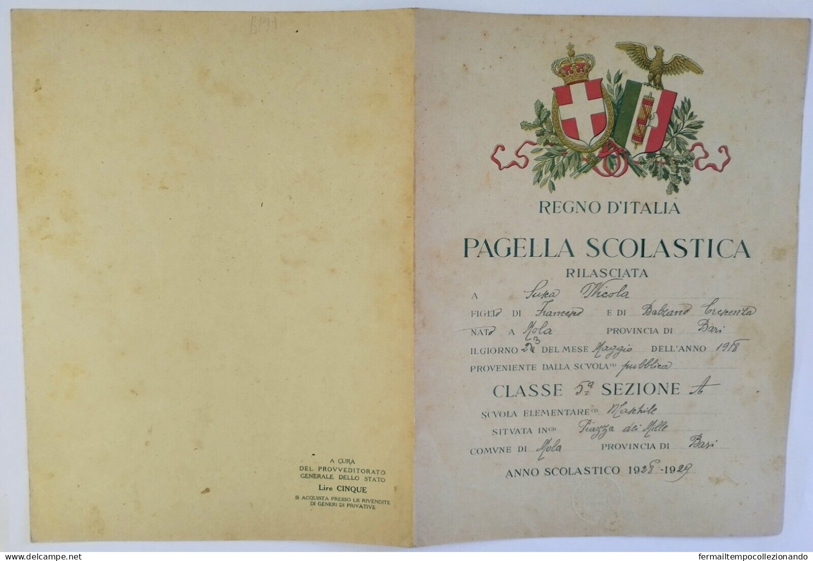 Bp79 Pagella Fascista Opera Balilla Regno D'italia Mola Di Bari 1929 - Diploma's En Schoolrapporten