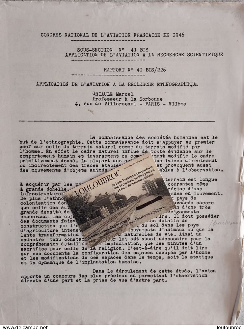 CONGRES NATIONAL AVIATION FRANCAISE 1946 DE 4 PAGES RECHERCHE ETHNOGRAPHIQUE - Avión