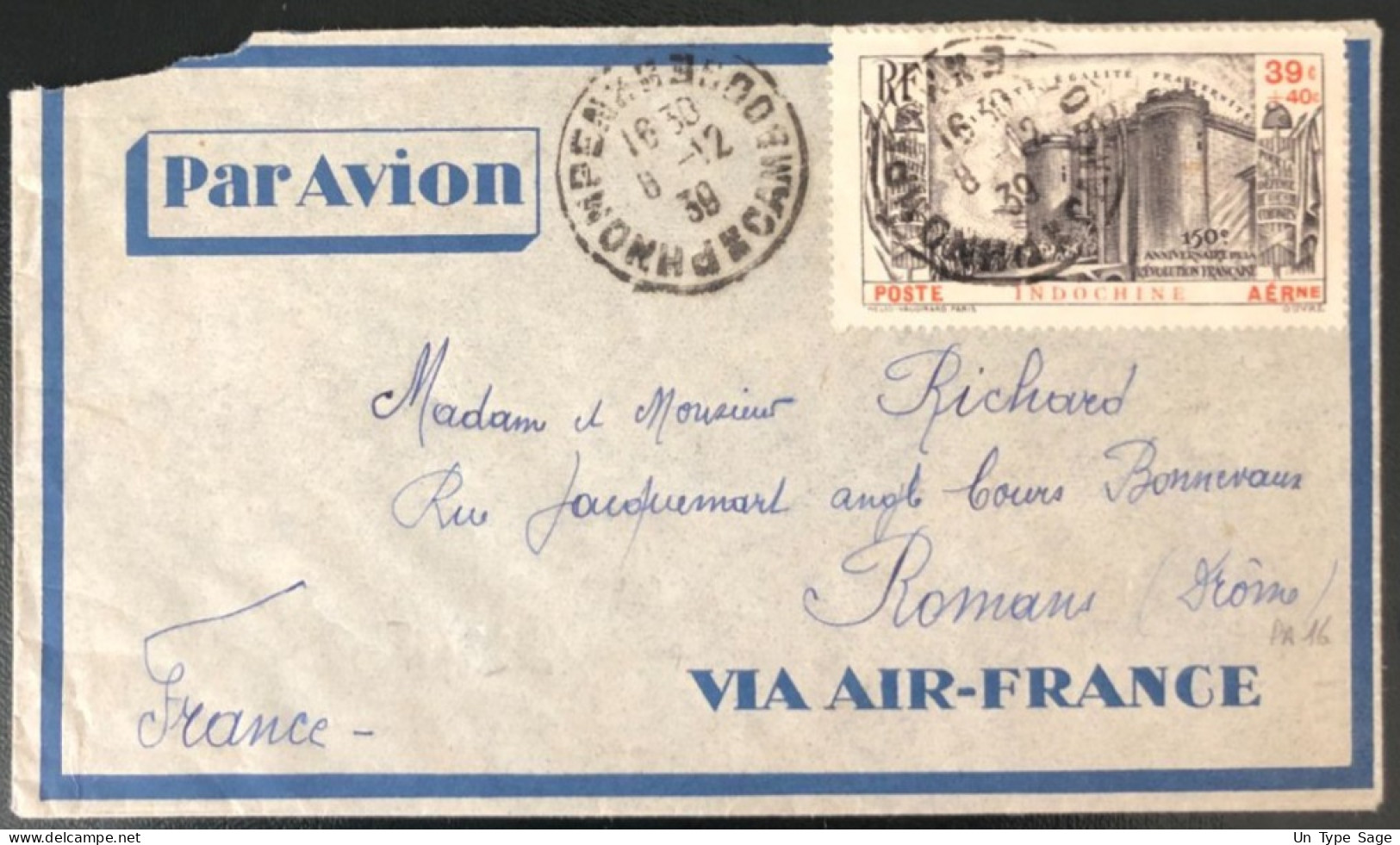 Indochine, PA N°16 Sur Enveloppe TAD Phnom Penh 8.12.1939 - (W1527) - Covers & Documents
