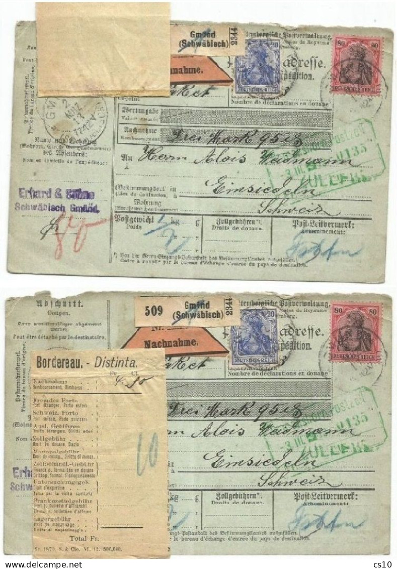 Borderau Distinta Nachnahme Form On Parcel Bulletin Gmund 2mar1913 With "Germania2 P80+p20 To Suisse - Other & Unclassified