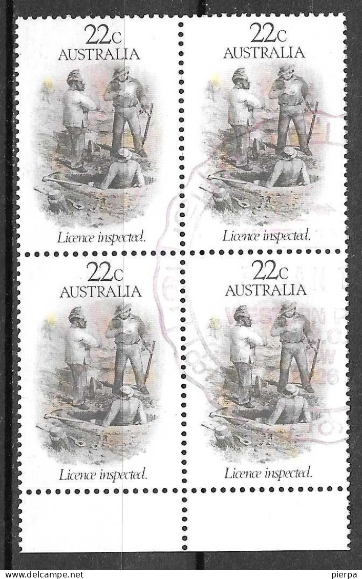 AUSTRALIA - 1981 - L'ETA' DELL'ORO- LICENCE INSPECTED - QUARTINA USATA ( YVERT 735 - MICHEL 750) - Used Stamps