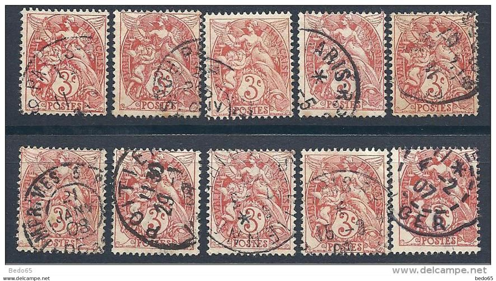 LOT DE 10 TYPE BLANC N° 109b ROUGE 1B OBL COTE 76€ - Used Stamps