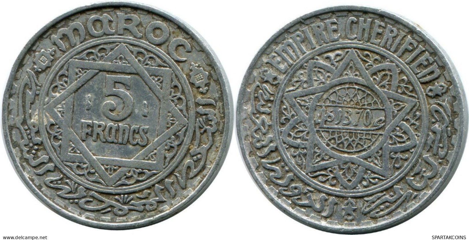 5 FRANCS 1951 MOROCCO Islamisch Münze #AH653.3.D.A - Marokko