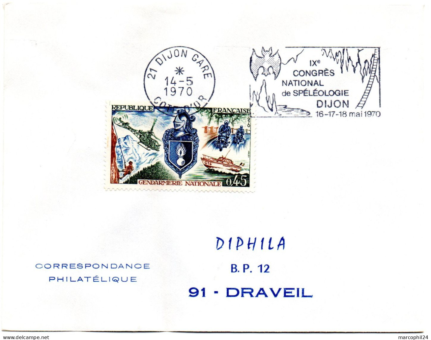 OISEAU / CHAUVE-SOURIS = 21 DIJON 1970 = FLAMME CONCORDANTE = SECAP Illustrée 'CONGRES SPELEOLOGIE' - Annullamenti & A. Meccaniche (pubblicitarie)
