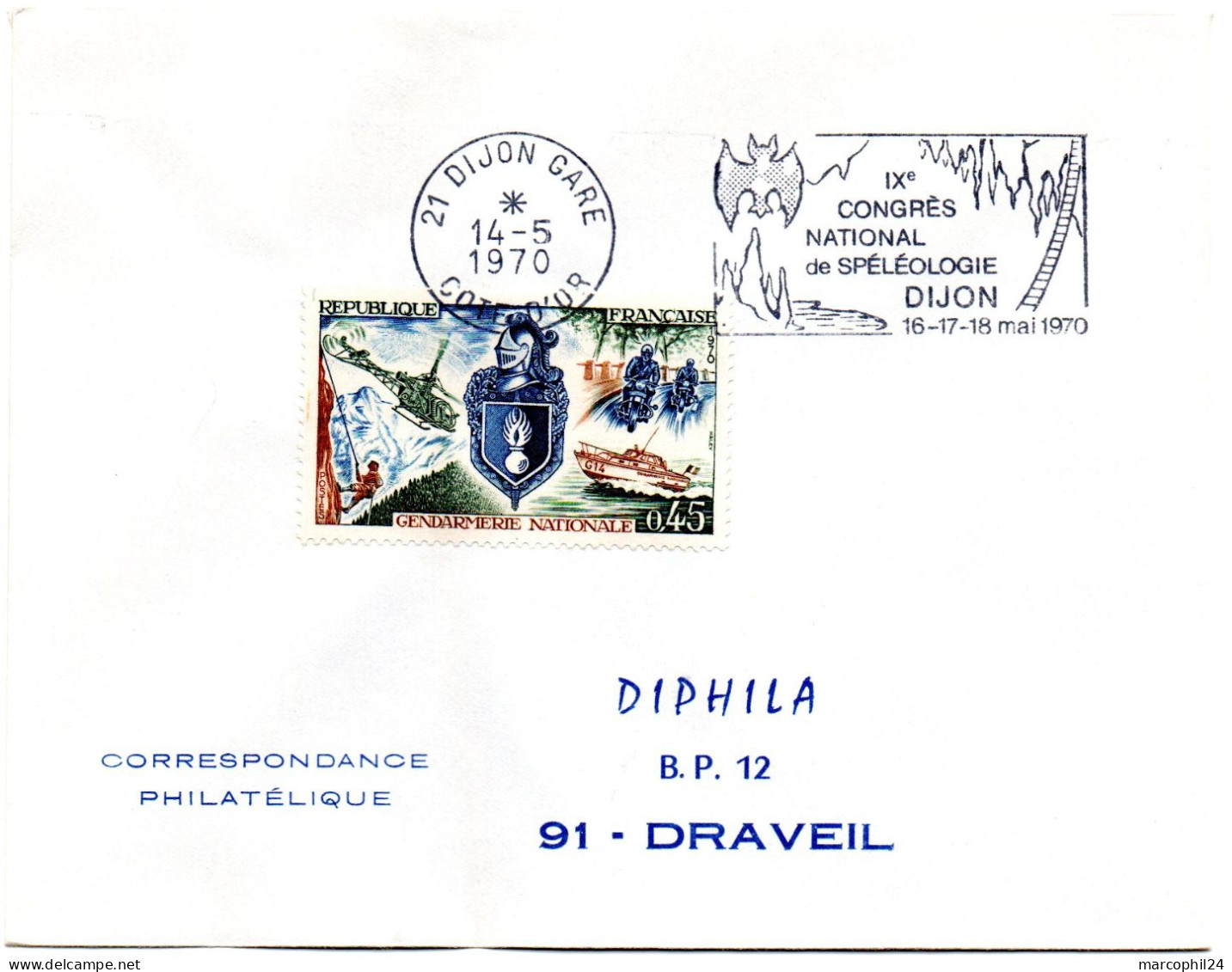 OISEAU / CHAUVE-SOURIS = 21 DIJON 1970 = FLAMME CONCORDANTE = SECAP Illustrée 'CONGRES SPELEOLOGIE' - Mechanical Postmarks (Advertisement)