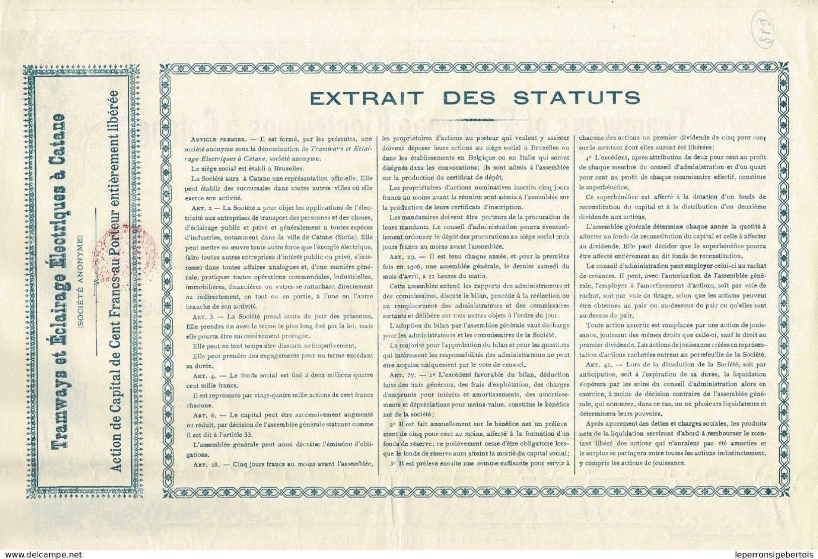 - Titre De 1904 -Tramways Et Eclairage Electriques à Catane -  N° 20268 - Bahnwesen & Tramways