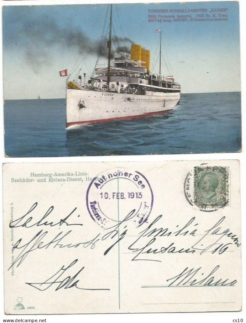 Hamburg America Linie Turbine S/S "Kaiser" Color Pcard High Seas Mail Auf Hoher See - Genova 11feb1913 X Milano - Paquebots