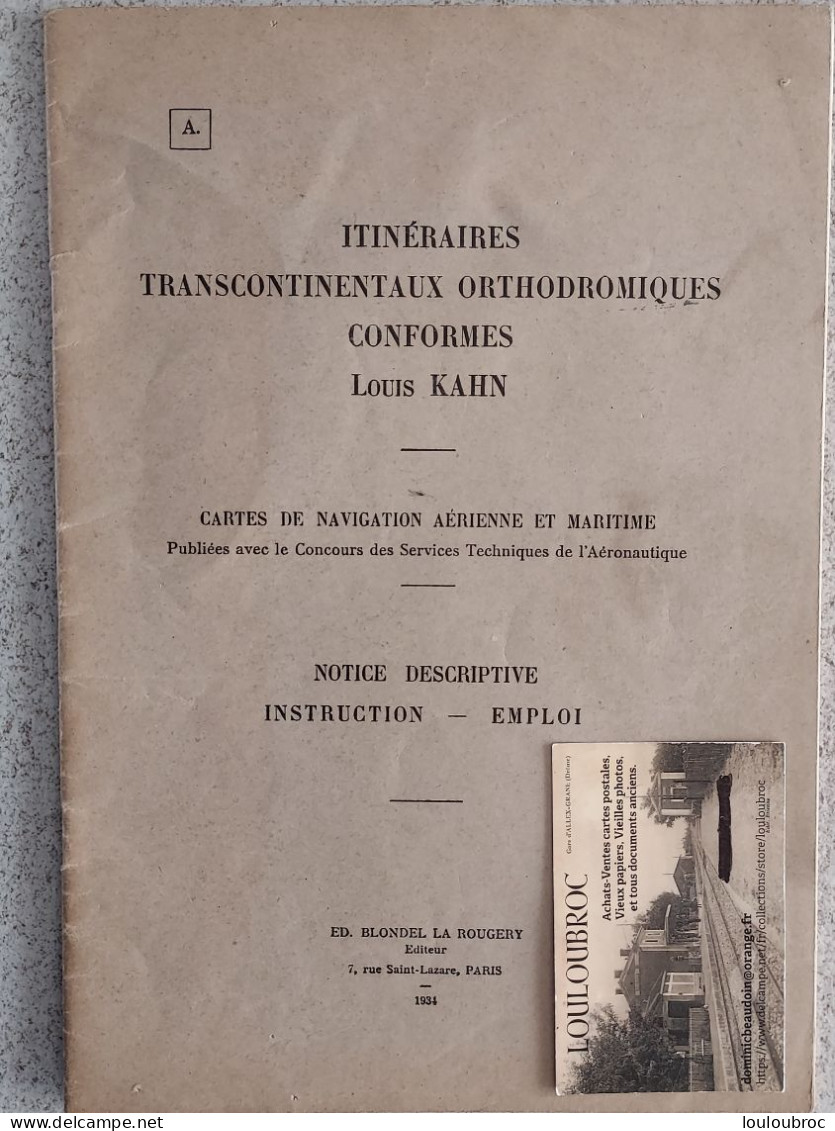 ITINERAIRES TRANSCONTINENTAUX ORTHODROMIQUES  CONFORMES LOUIS KAHN 1934 LIVRET DE 28 PAGES BLONDEL LA ROUGERY - Aerei