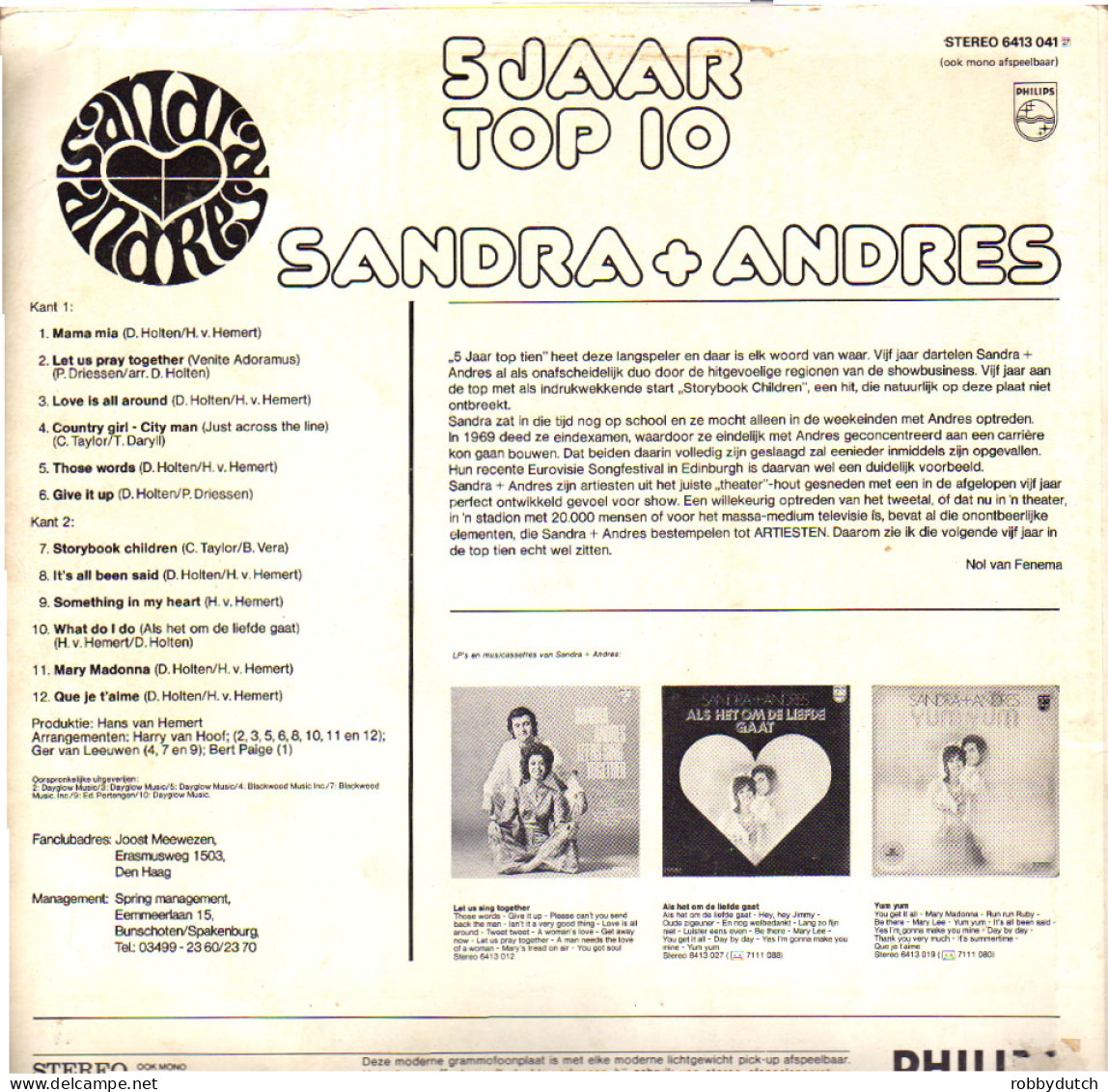 * LP *  SANDRA + ANDRES - 5 JAAR TOP 10 (Holland 1973 EX-) - Disco, Pop
