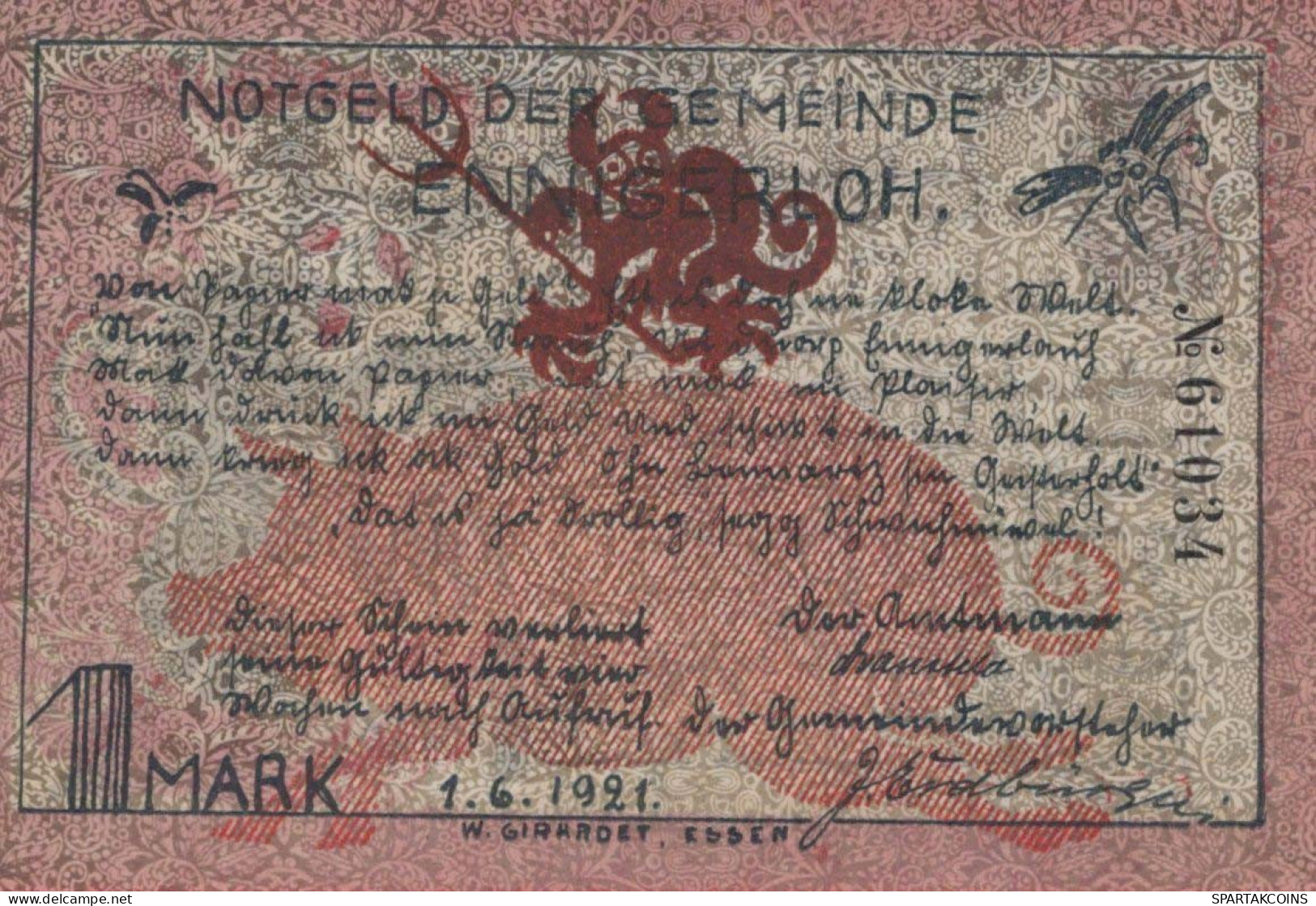 1 MARK 1921 Stadt ENNIGERLOH Westphalia UNC DEUTSCHLAND Notgeld Banknote #PB251 - Lokale Ausgaben