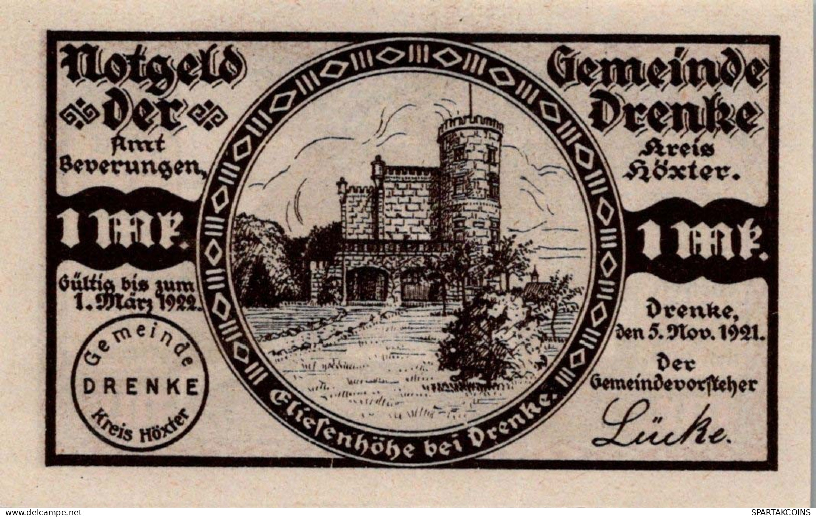 1 MARK 1921 Stadt DRENKE Westfalia UNC DEUTSCHLAND #PI043 - Lokale Ausgaben