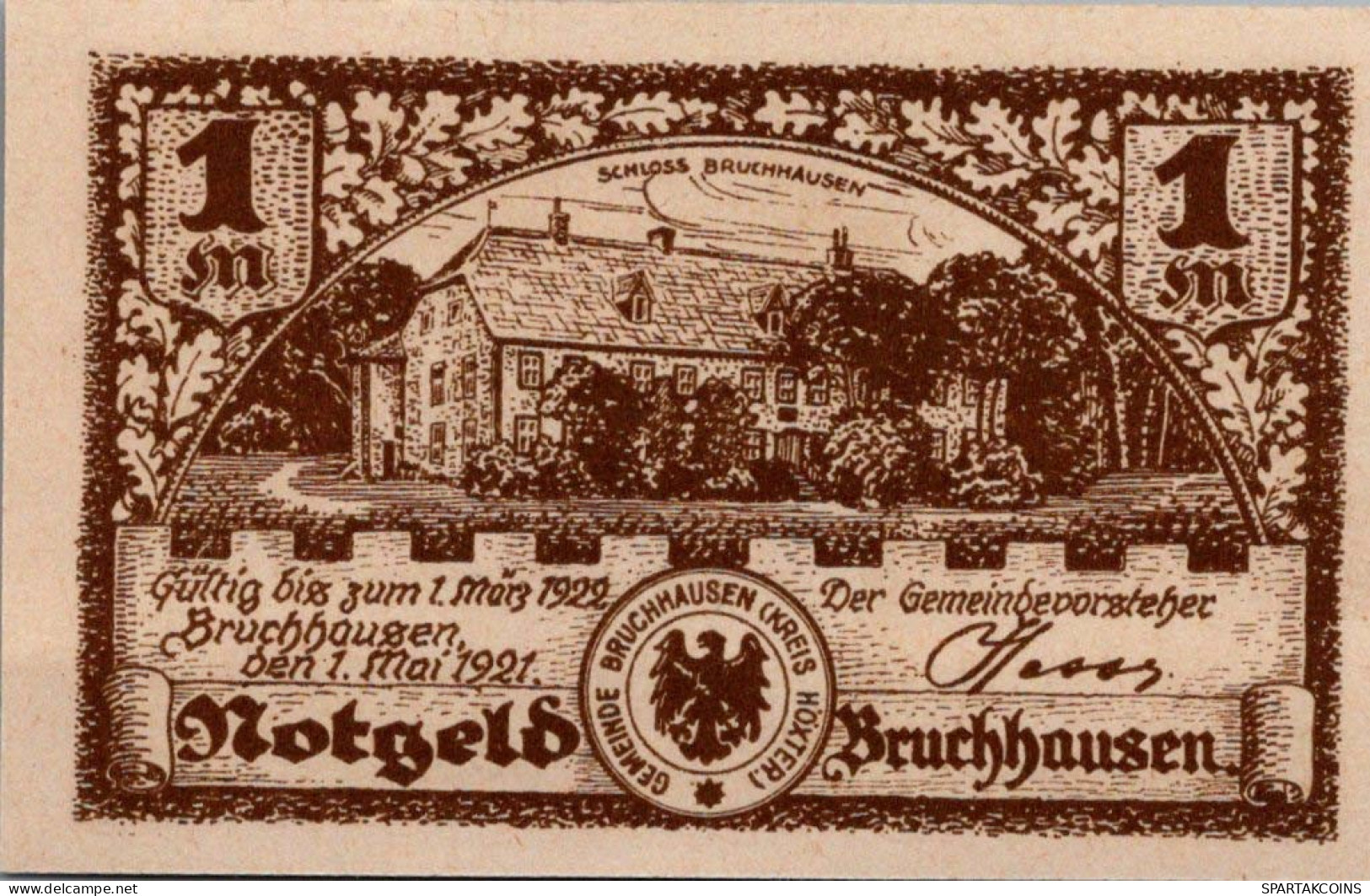 1 MARK 1921 Stadt BRUCHHAUSEN BEI HoXTER Westphalia DEUTSCHLAND Notgeld #PD512 - Lokale Ausgaben