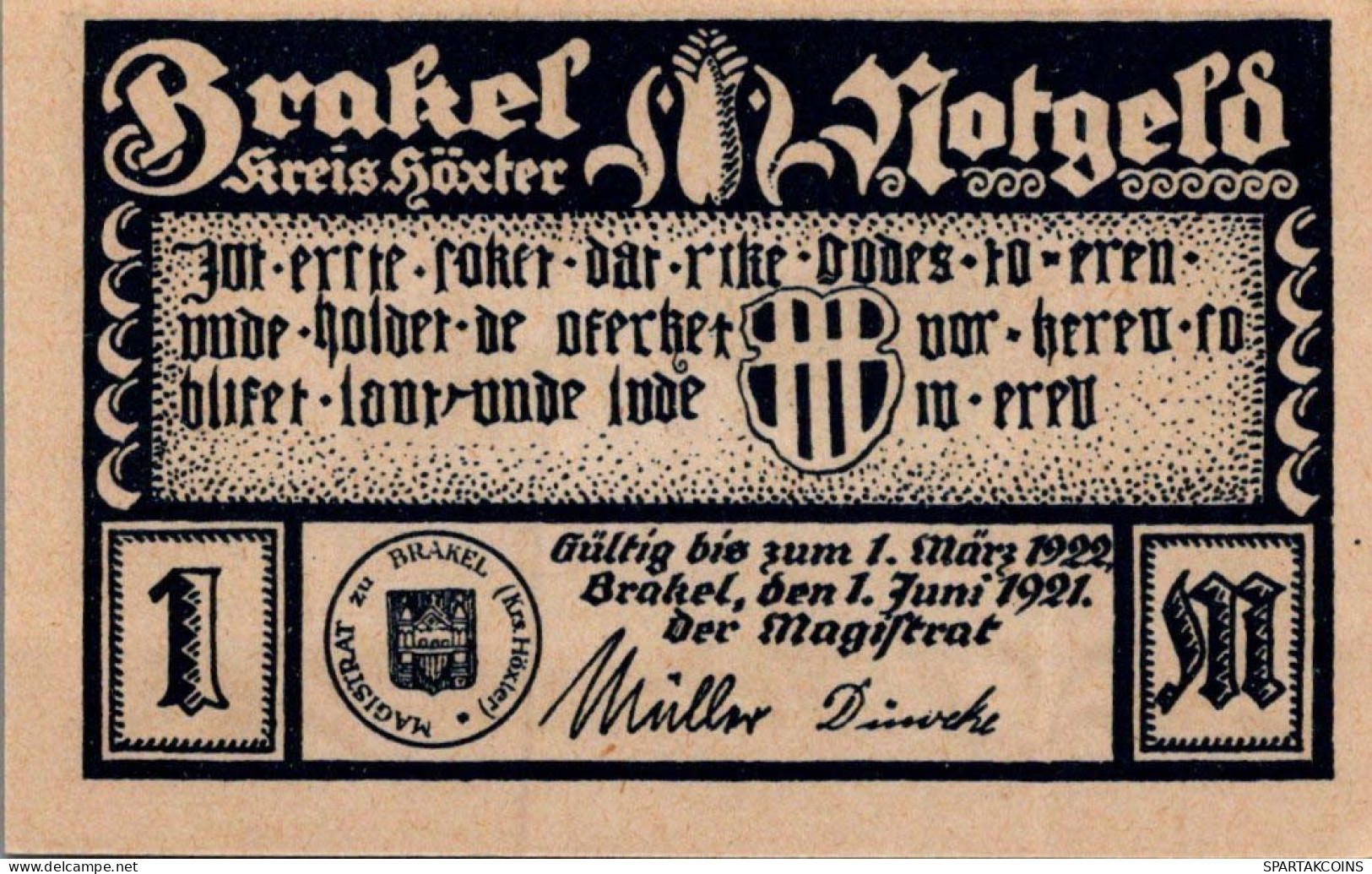 1 MARK 1921 Stadt BRAKEL Westphalia UNC DEUTSCHLAND Notgeld Banknote #PH485 - Lokale Ausgaben