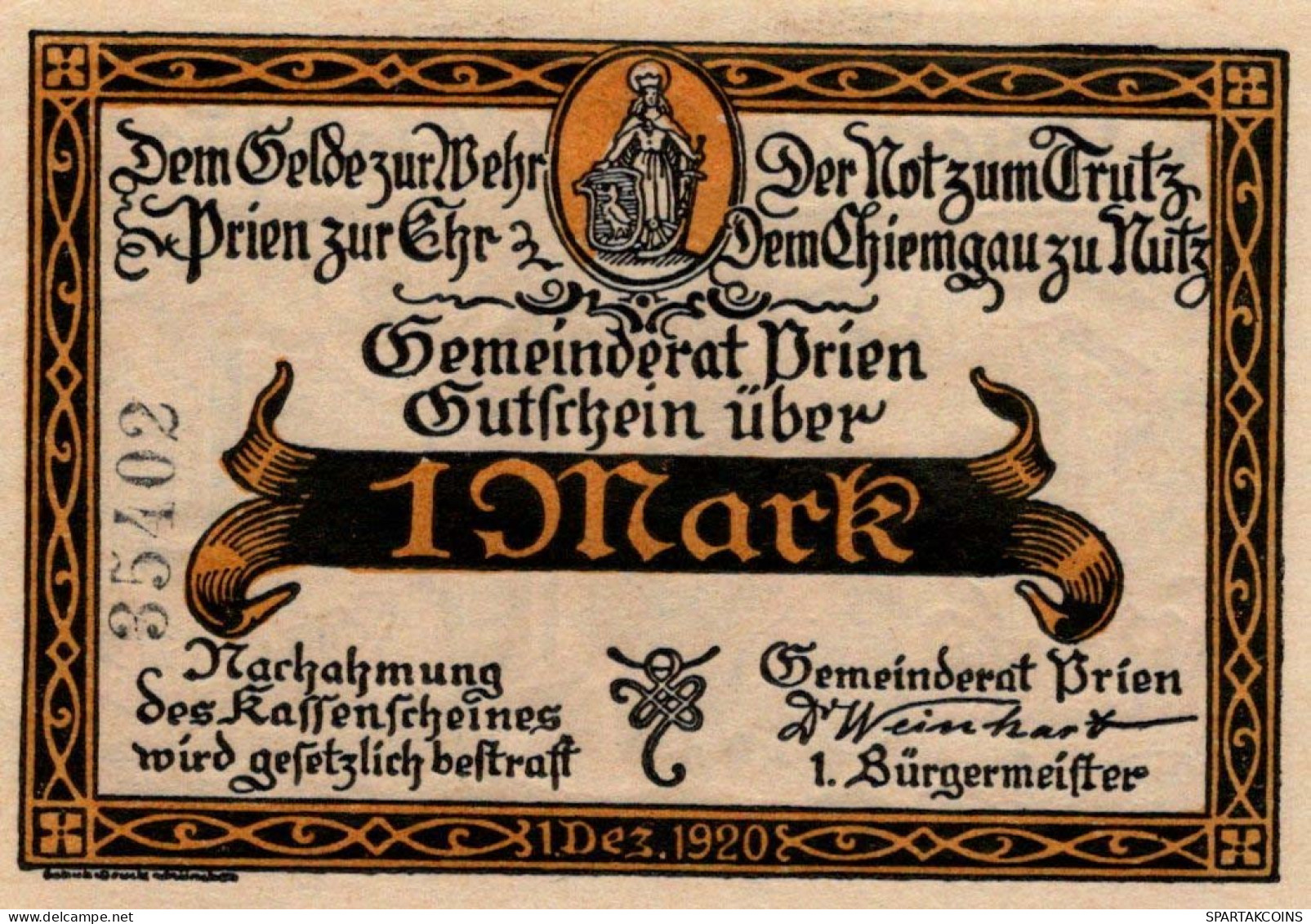 1 MARK 1920 Stadt PRIEN Bavaria UNC DEUTSCHLAND Notgeld Banknote #PB732 - Lokale Ausgaben