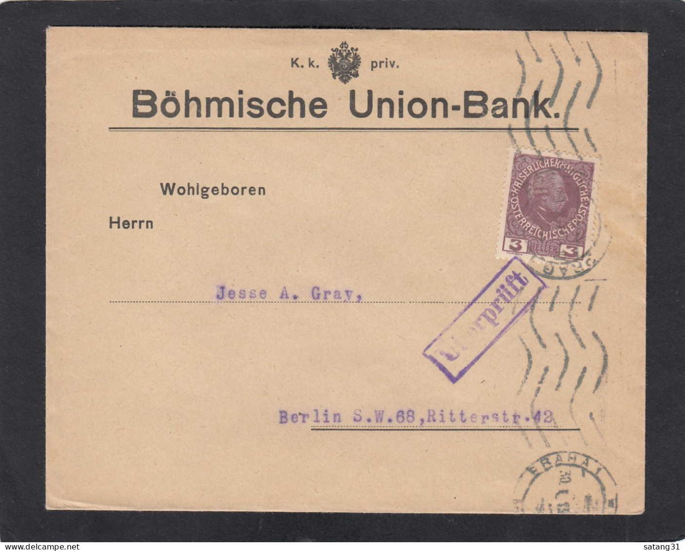 BÖMISCHE UNION BANK. BRIEF AUS PRAG,MIT ZENSURSTEMPEL,NACH BERLIN. - Briefe U. Dokumente