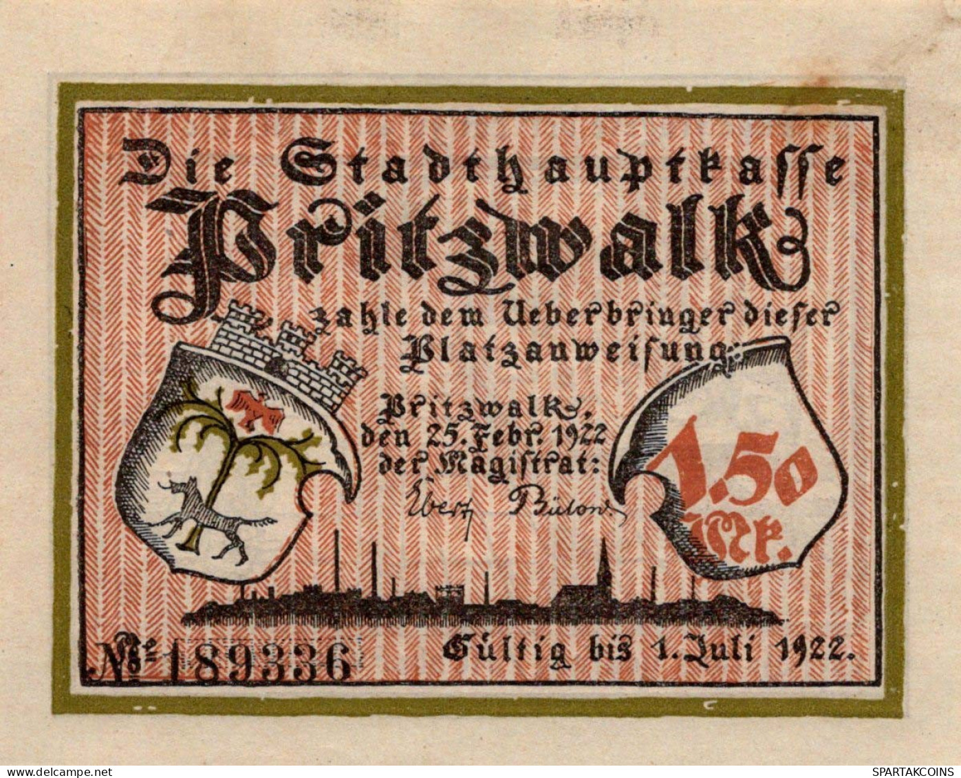 1.5 MARK 1922 Stadt PRITZWALK Brandenburg UNC DEUTSCHLAND Notgeld #PB747 - [11] Local Banknote Issues