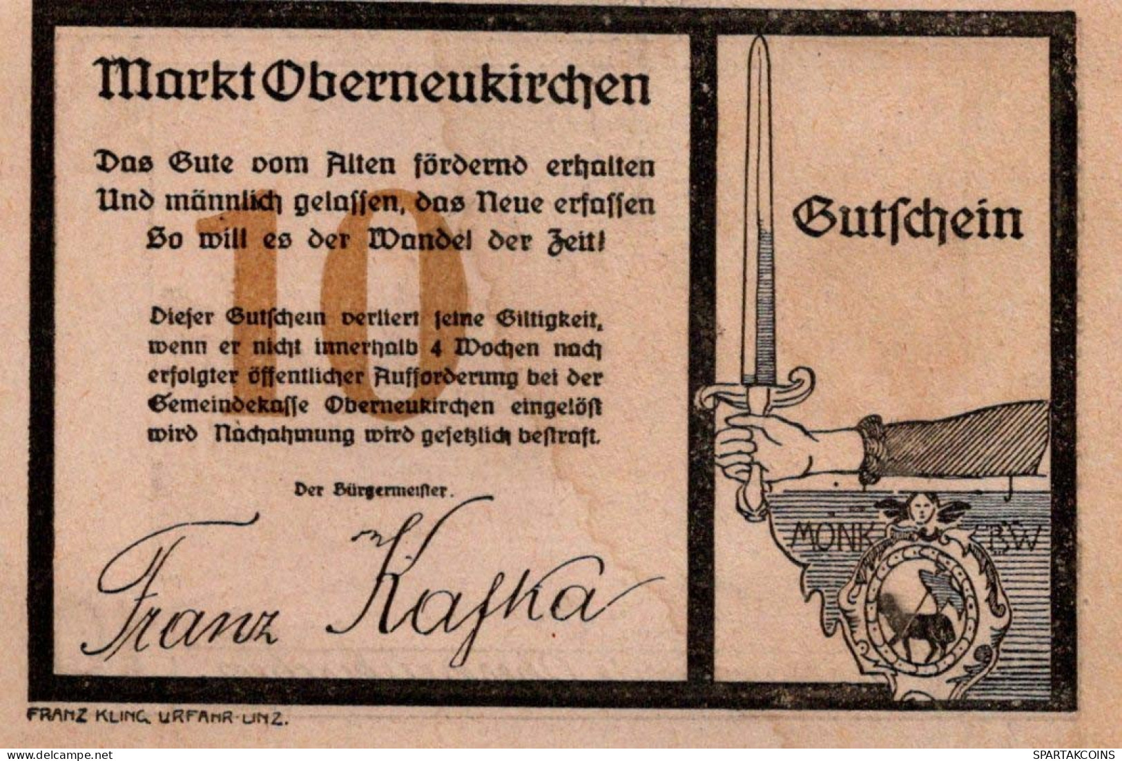 10 HELLER 1920 Stadt OBERNEUKIRCHEN Oberösterreich Österreich Notgeld #PE505 - [11] Local Banknote Issues